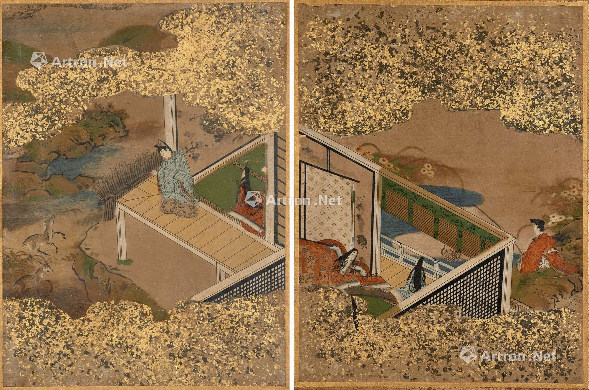 0018日本十八世纪土佐画派源氏物语画两幅