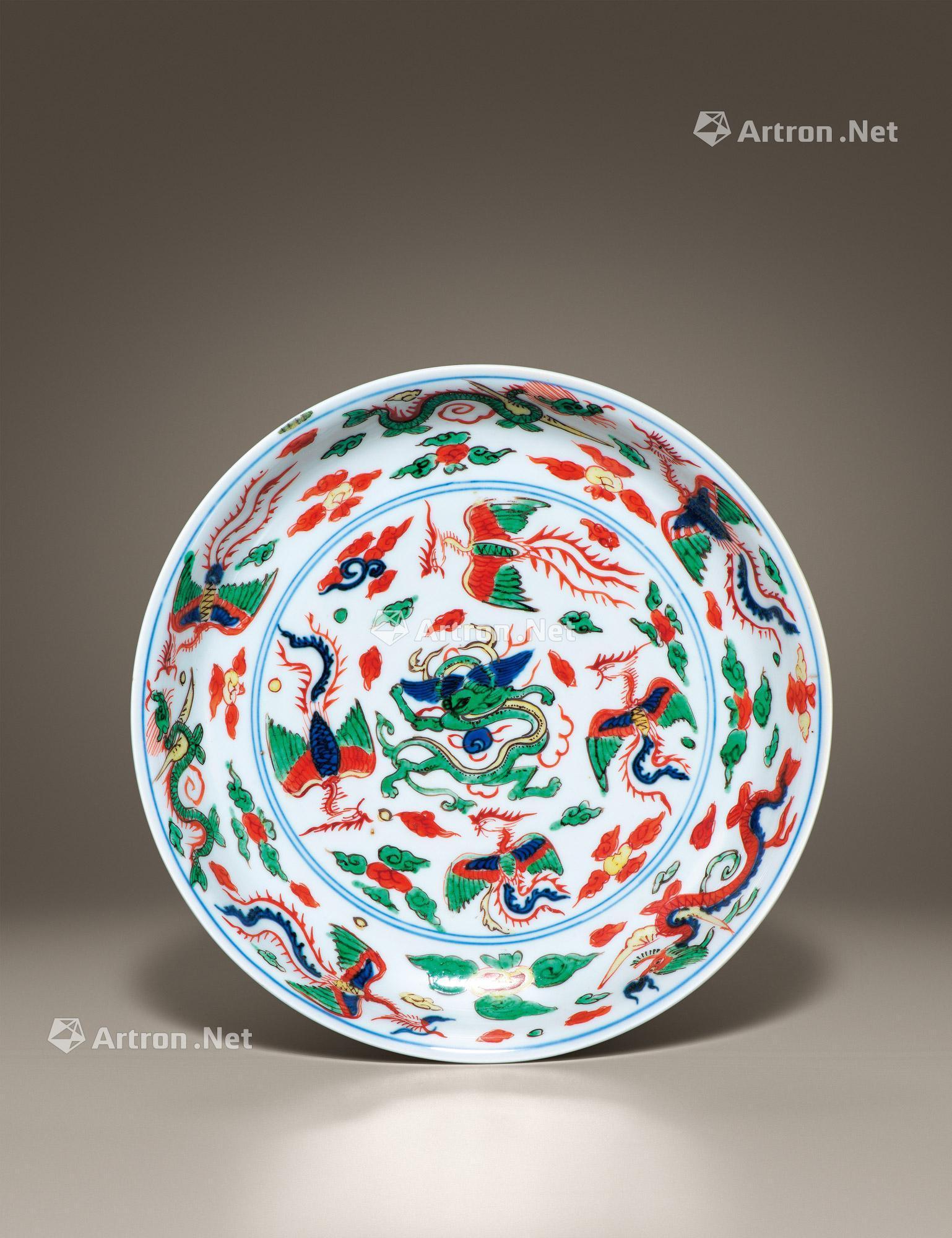 0019 明万历 青花五彩龙凤纹盘