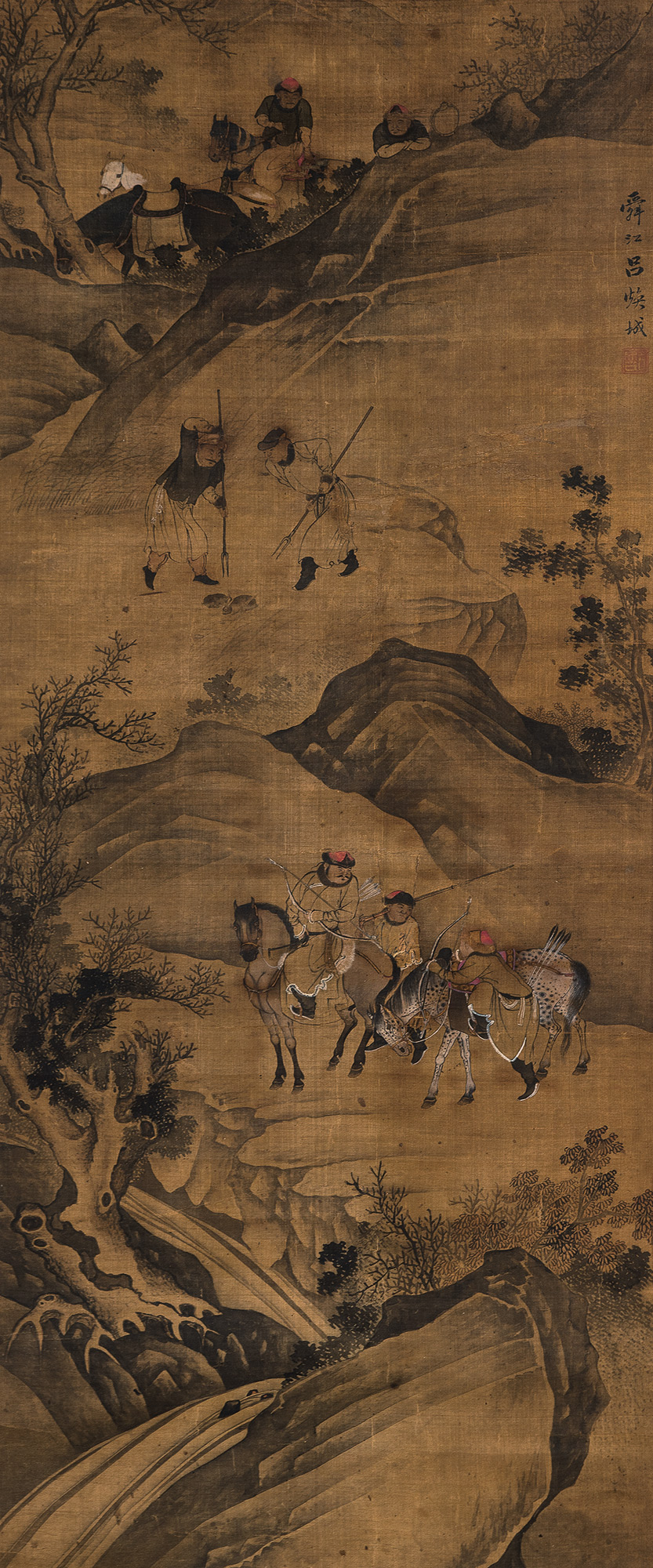 1085行猎图镜心绢本