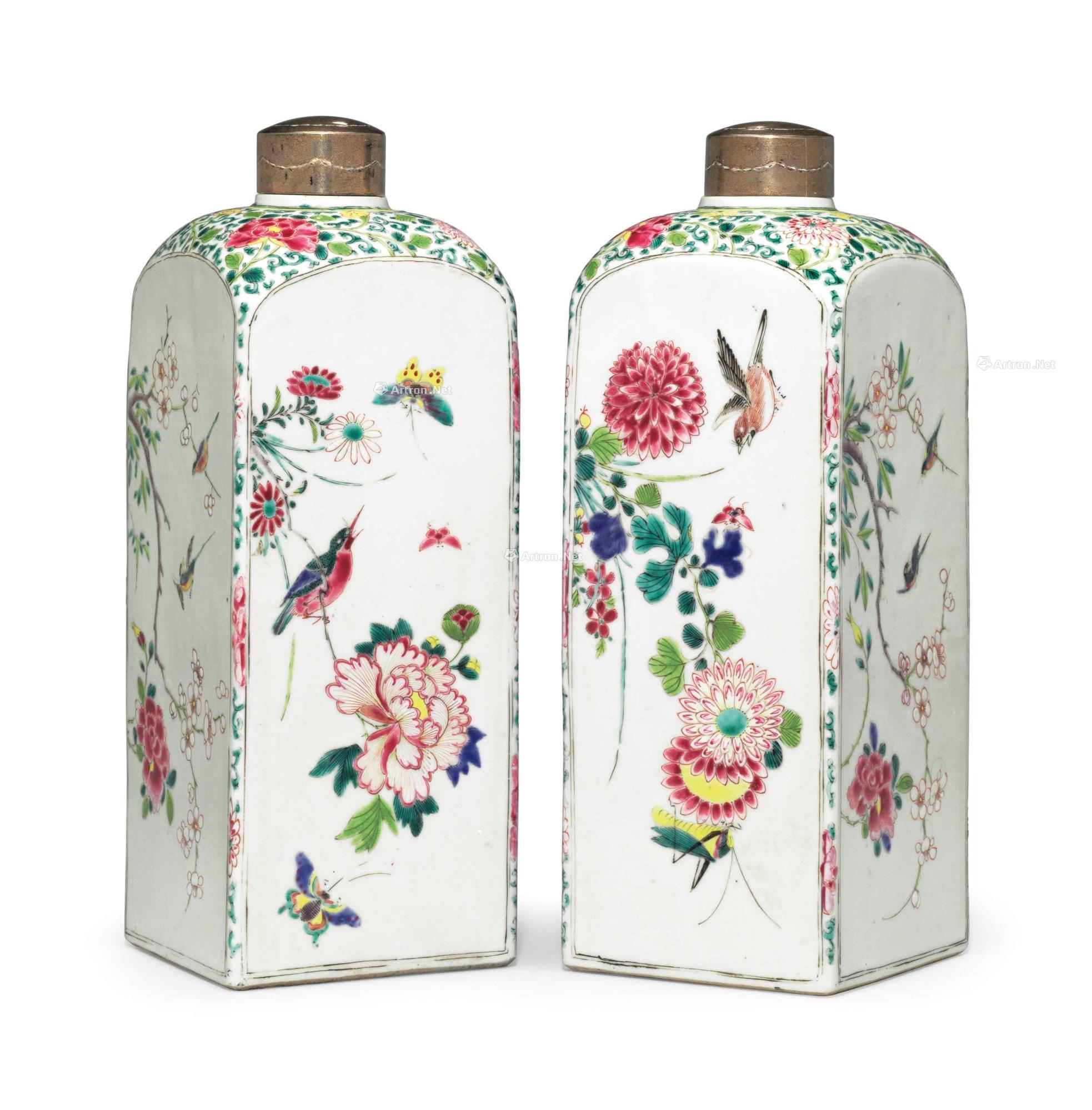 Qianlong period, about 1750 A PAIR OF FAMILLE ROSE SQUARE CANISTERS
