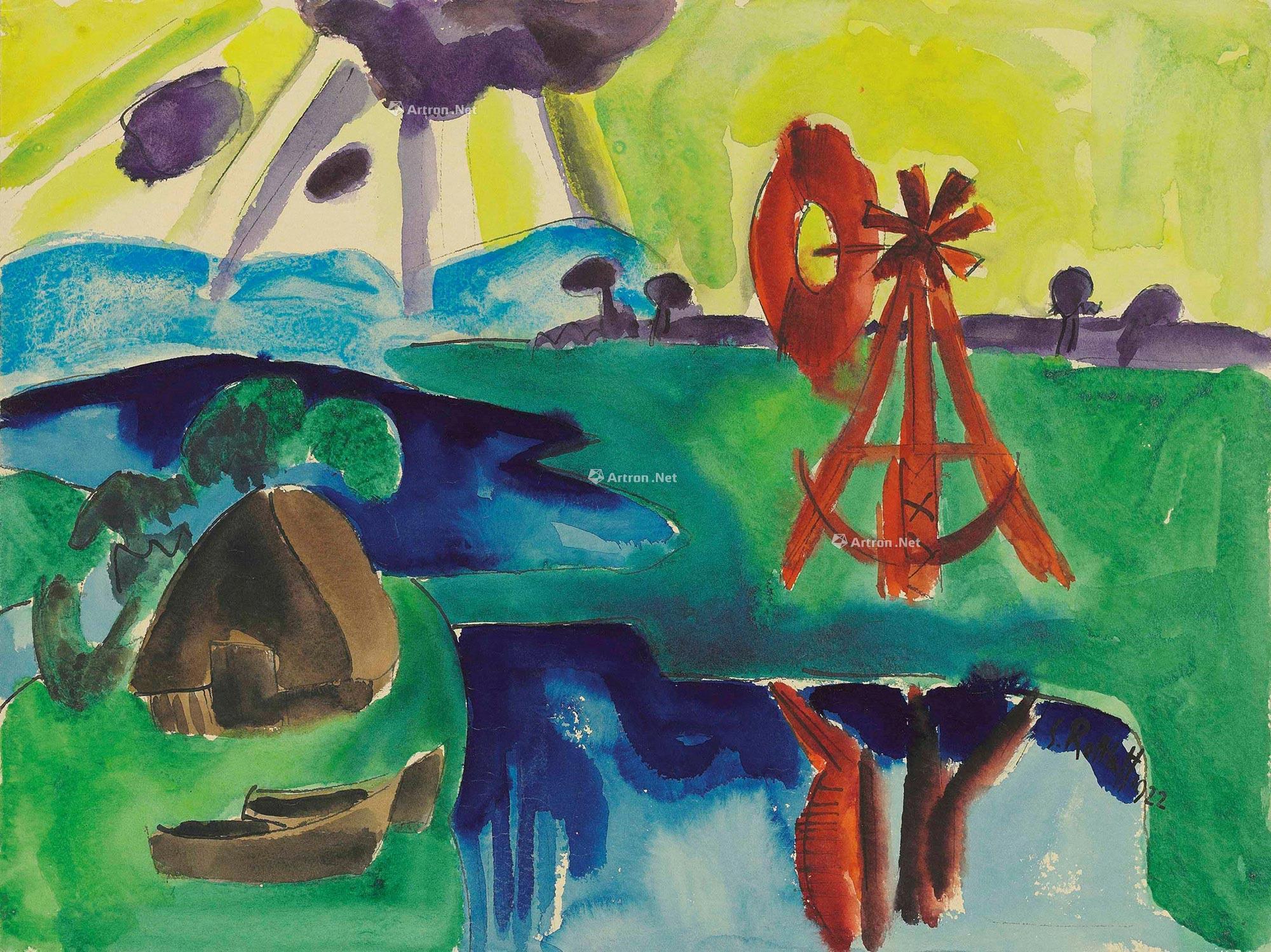 0343 1922年作 marschlandschaft mit rotem windrad watercolour and