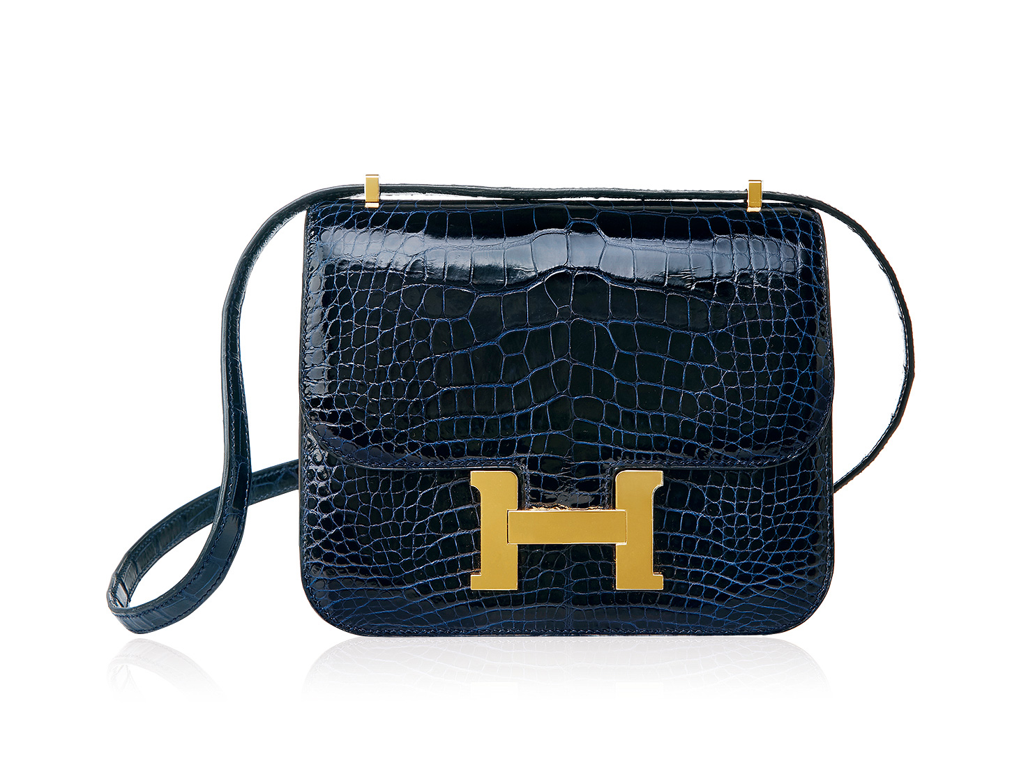2754爱马仕2017亮面深海蓝色短吻鳄鱼皮19公分constance包附金色金属