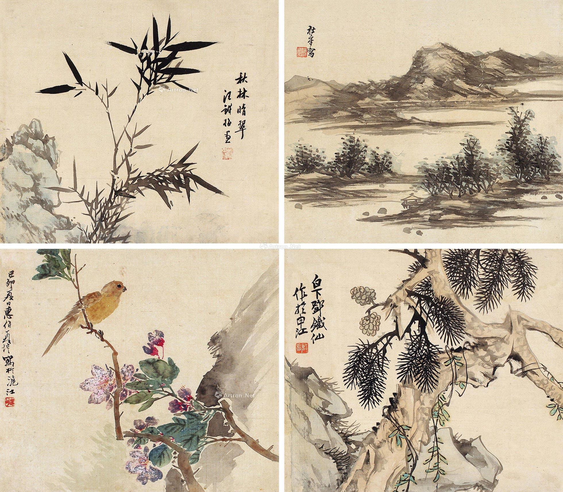0173花鸟山水册四张镜片设色绢本水墨绢本
