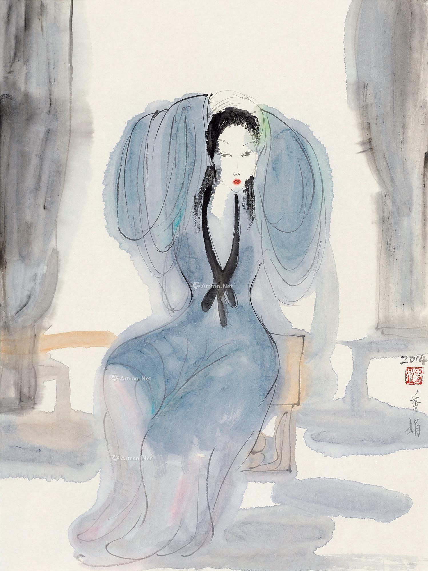 03642014年作青衣仕女镜框纸本