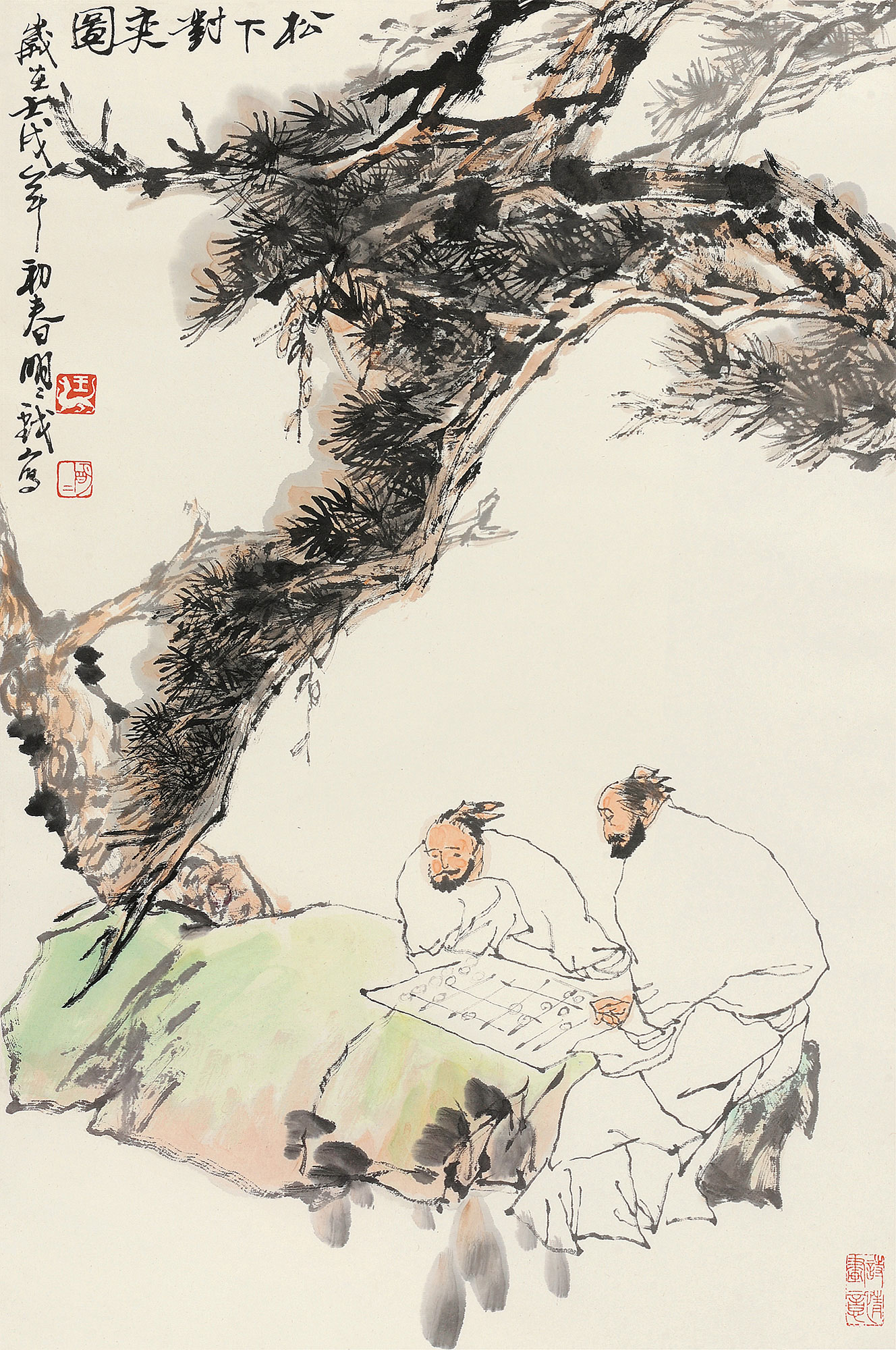 00321982年作松下对弈立轴设色纸本