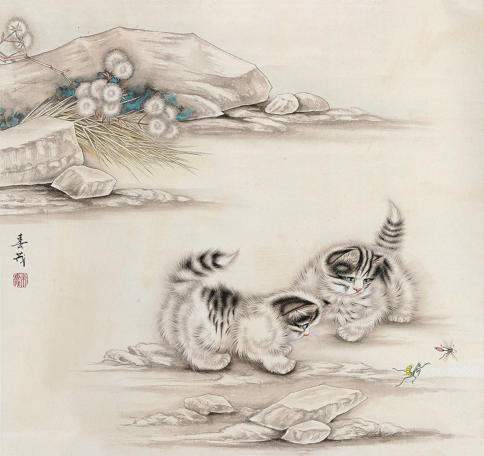 0089猫趣图立轴设色纸本