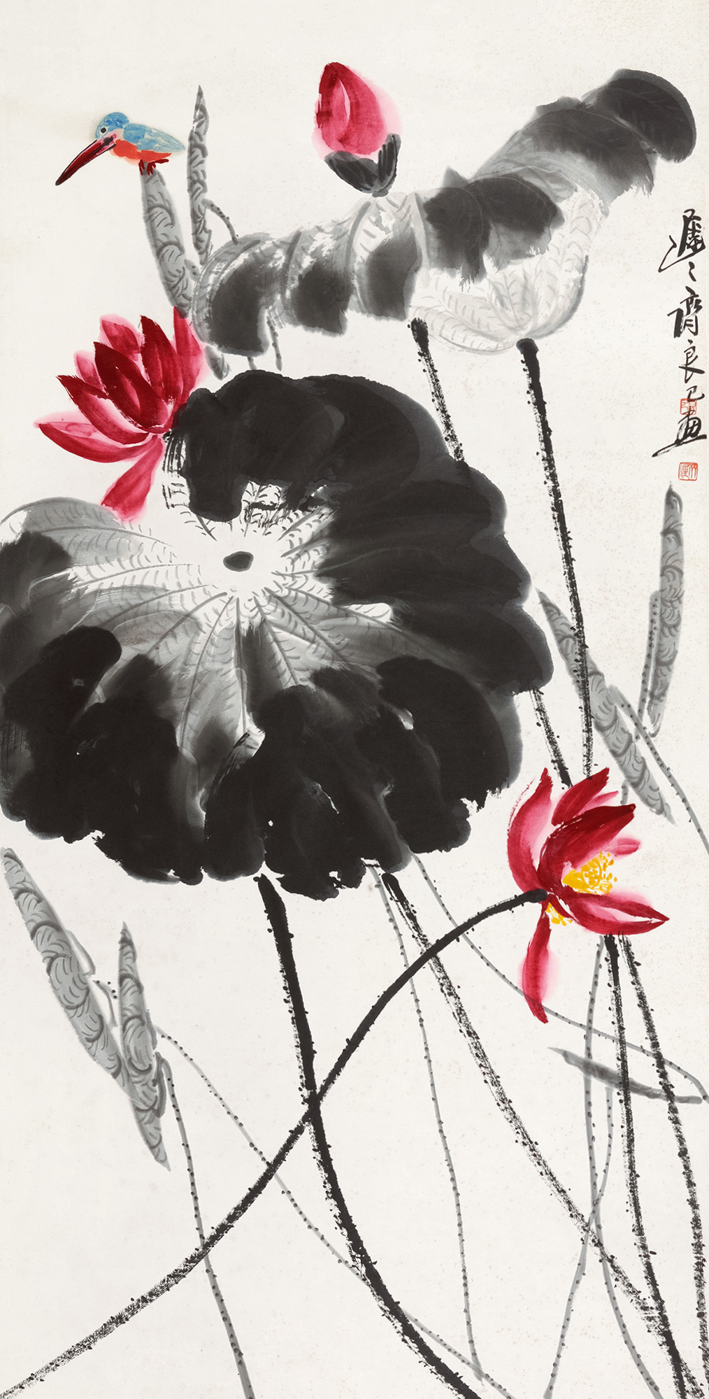 0790荷花翠鸟立轴设色纸本