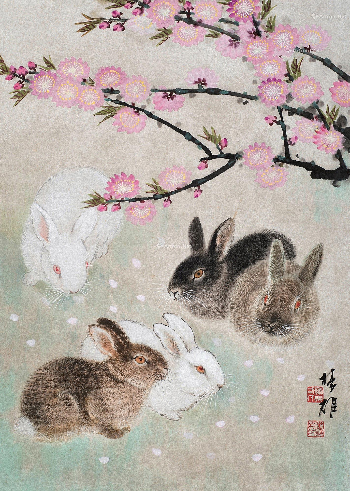 0582 桃花瑞兔 镜框 设色纸本