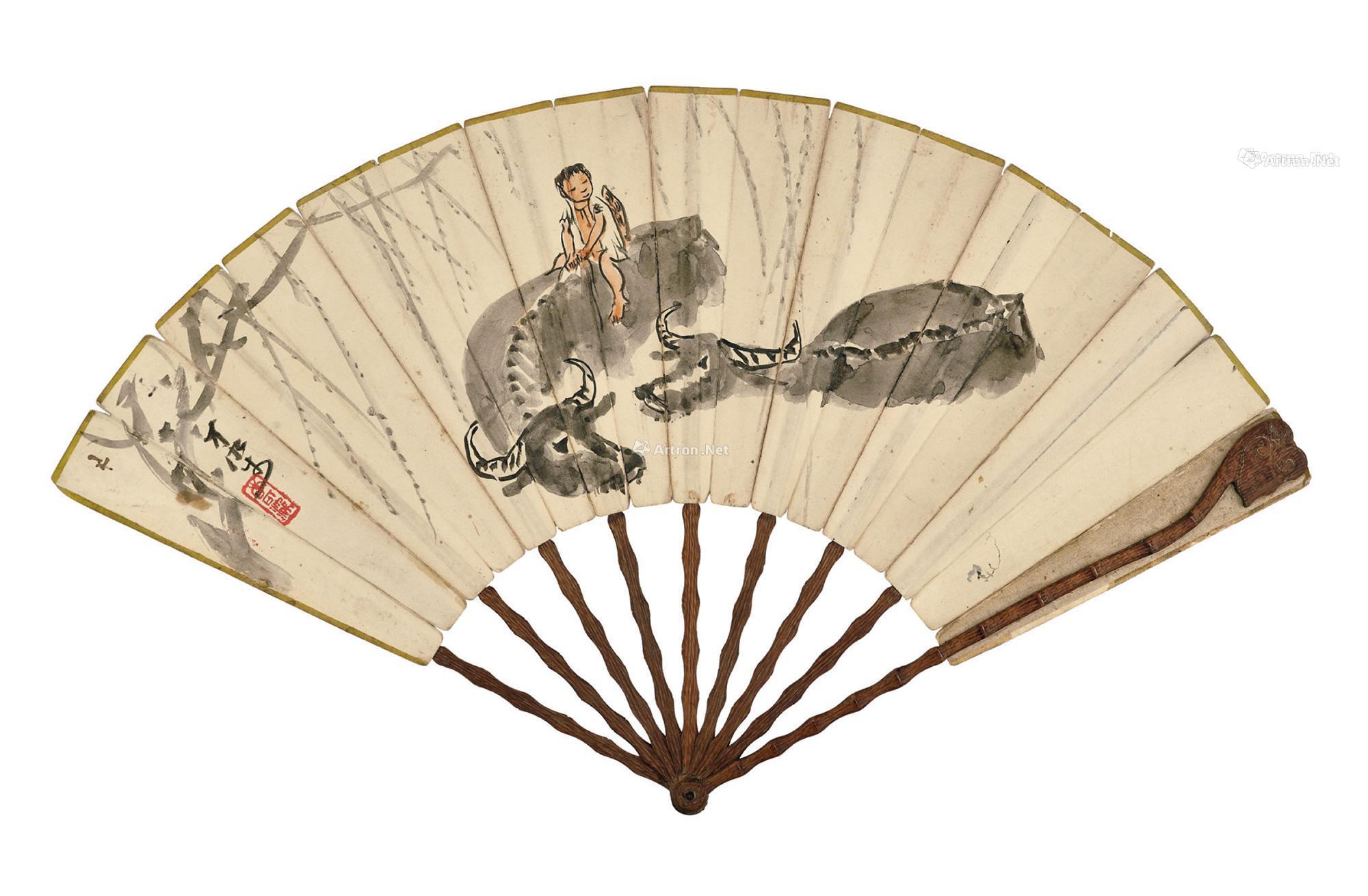 1277 牧牛图 书法 成扇 设色纸本;水墨金笺