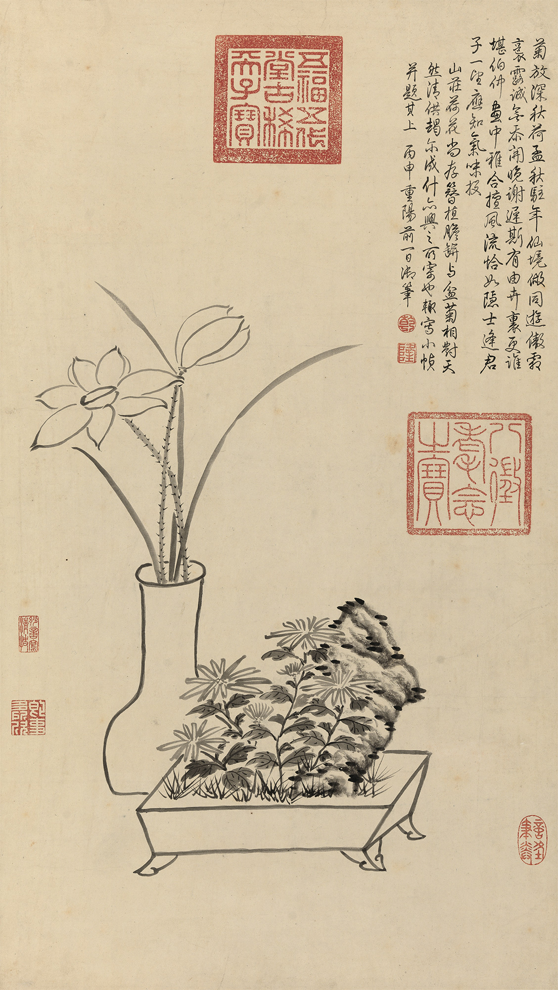 【丙申(1776年)作 瓶荷盆菊图 立轴 水墨纸本】拍卖品_图片_价格_鉴赏_绘画_雅昌艺术品拍卖网