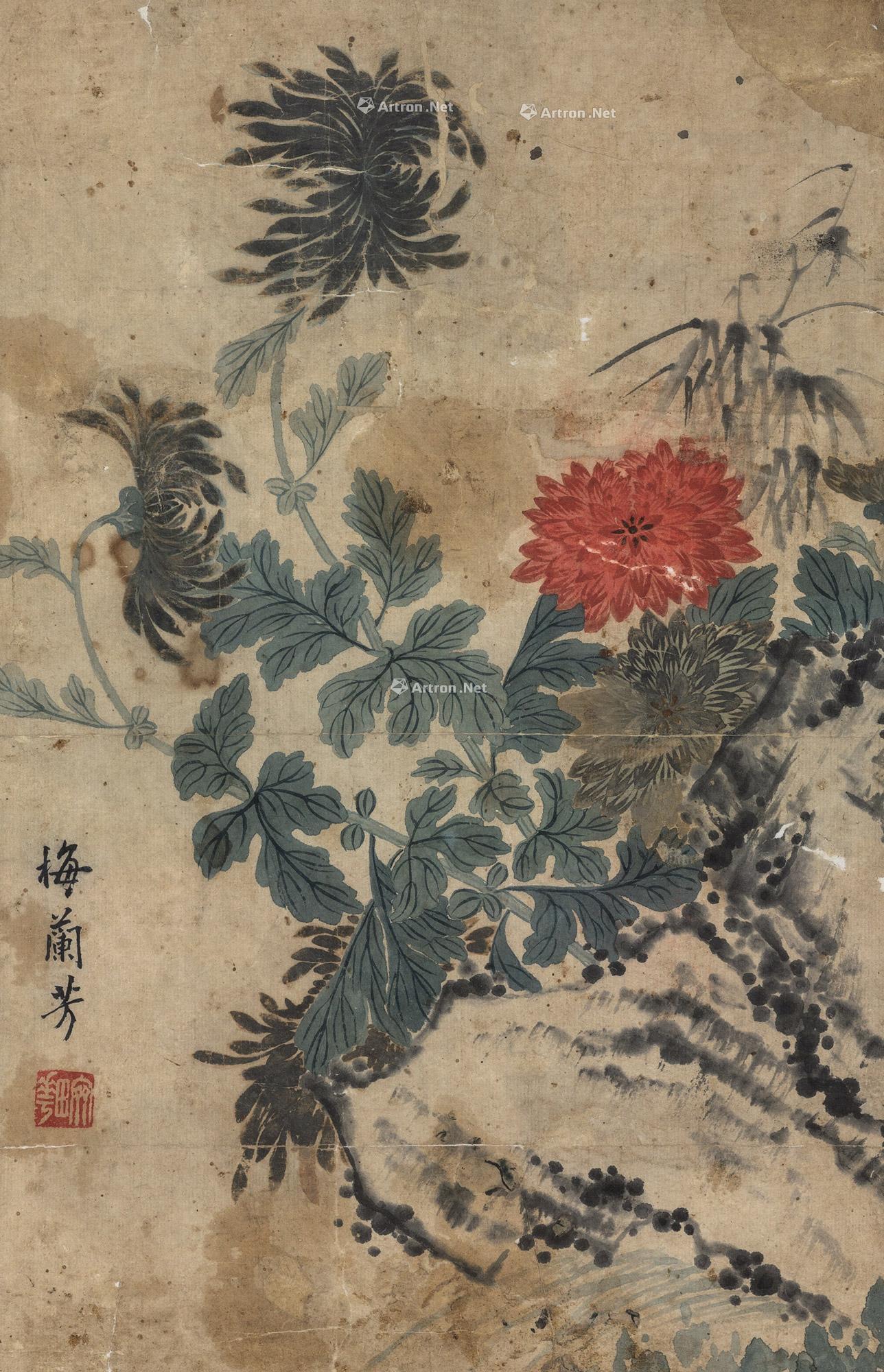 0519菊竹图镜心设色纸本
