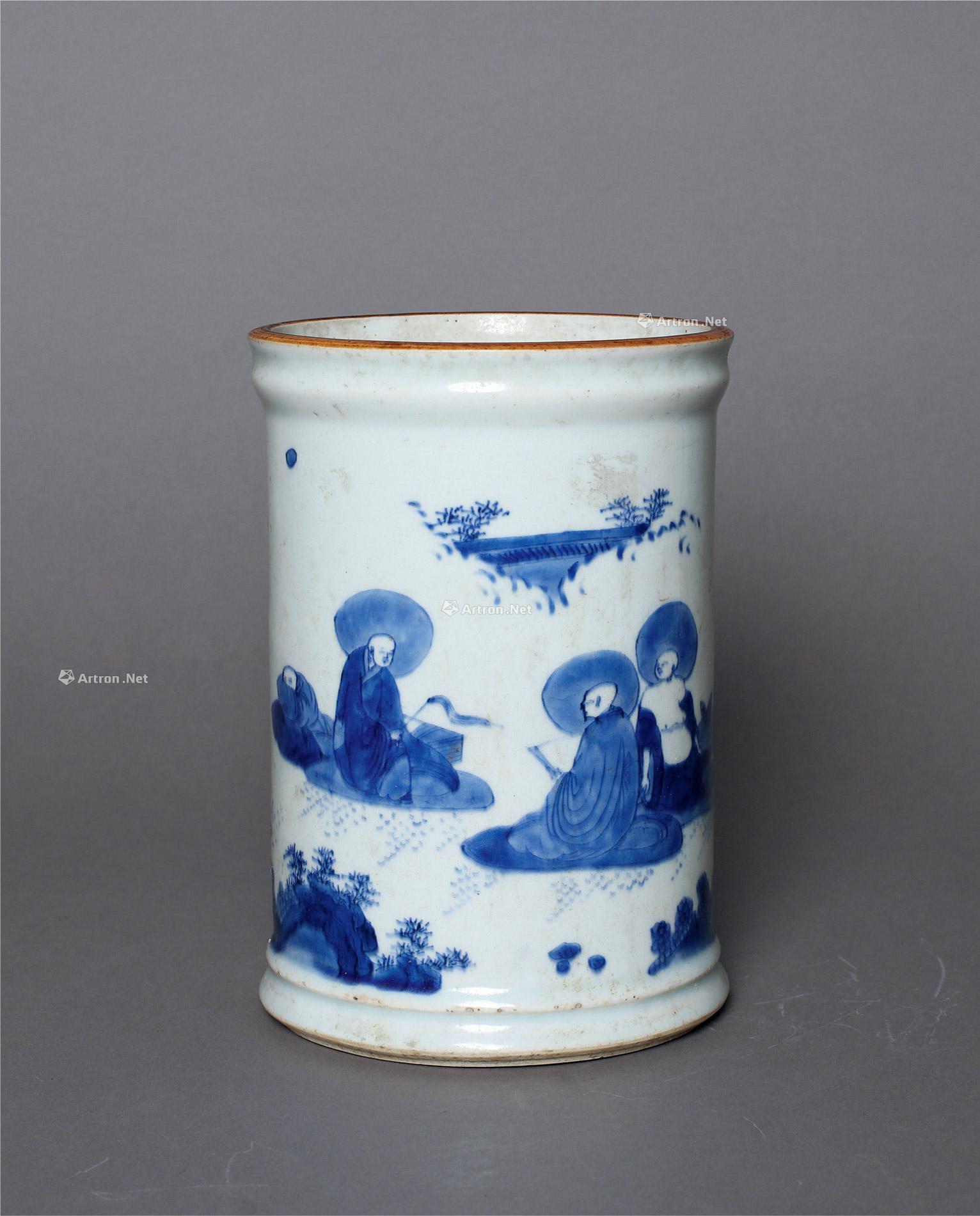 【清顺治 青花罗汉蕉叶纹笔筒】拍卖品_图片_价格_鉴赏_清代青花瓷器