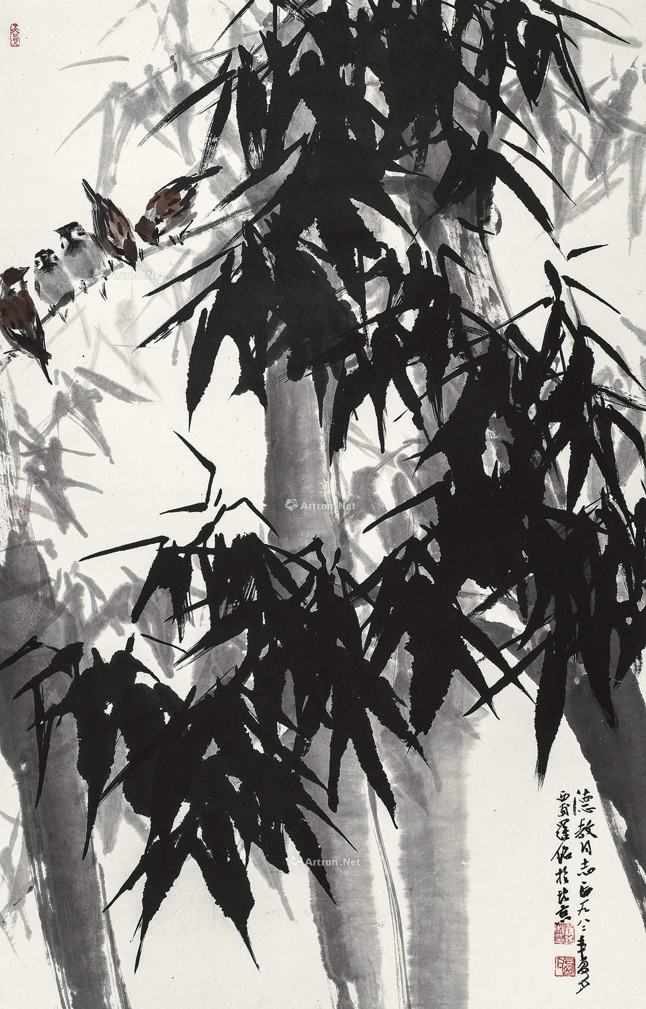 0060 墨竹麻雀 立轴 设色纸本