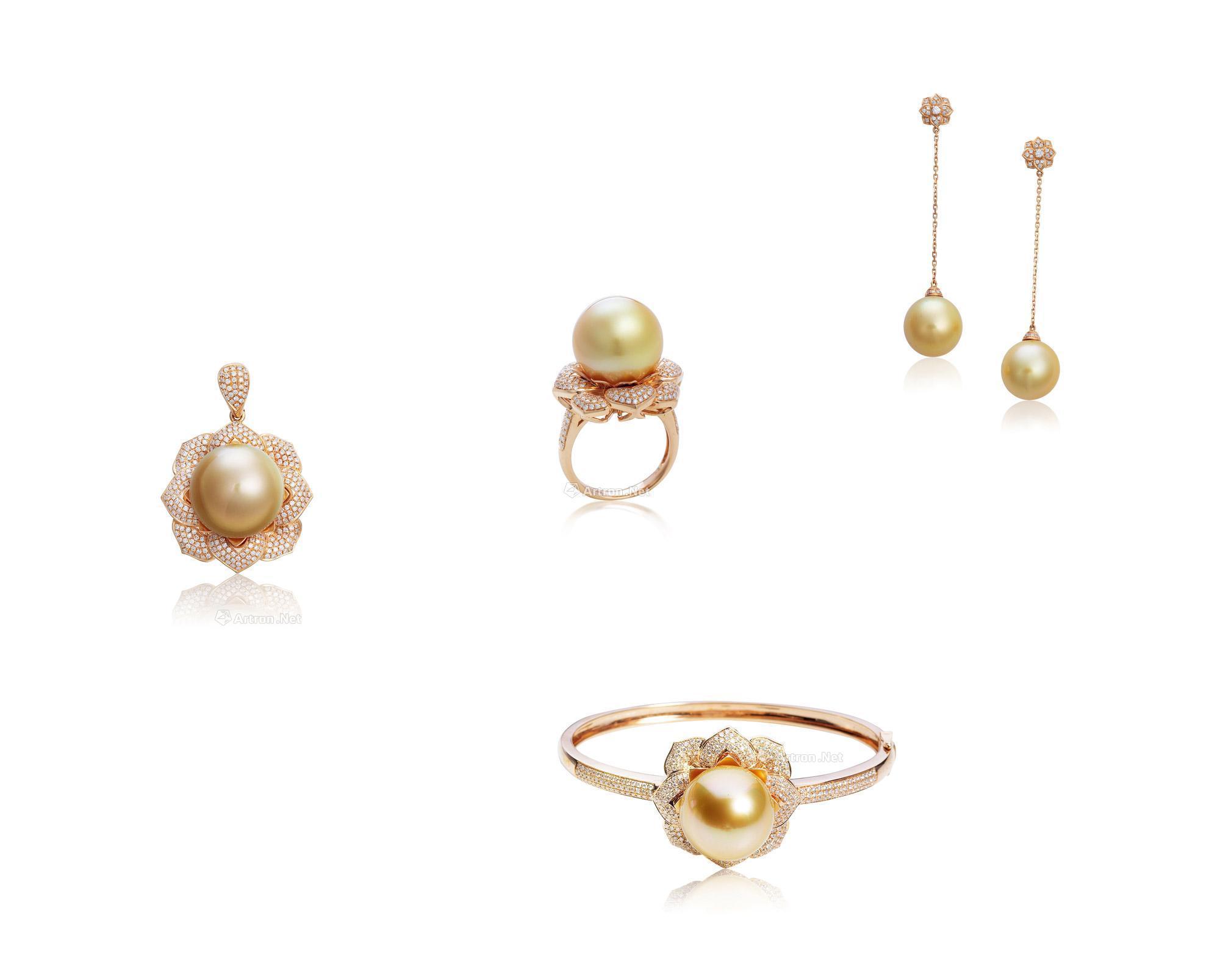 0108k金镶珍珠套装戒指耳环手镯吊坠