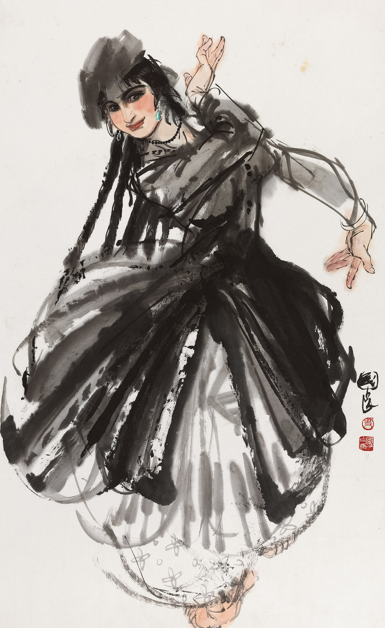 0439新疆舞女镜心设色纸本