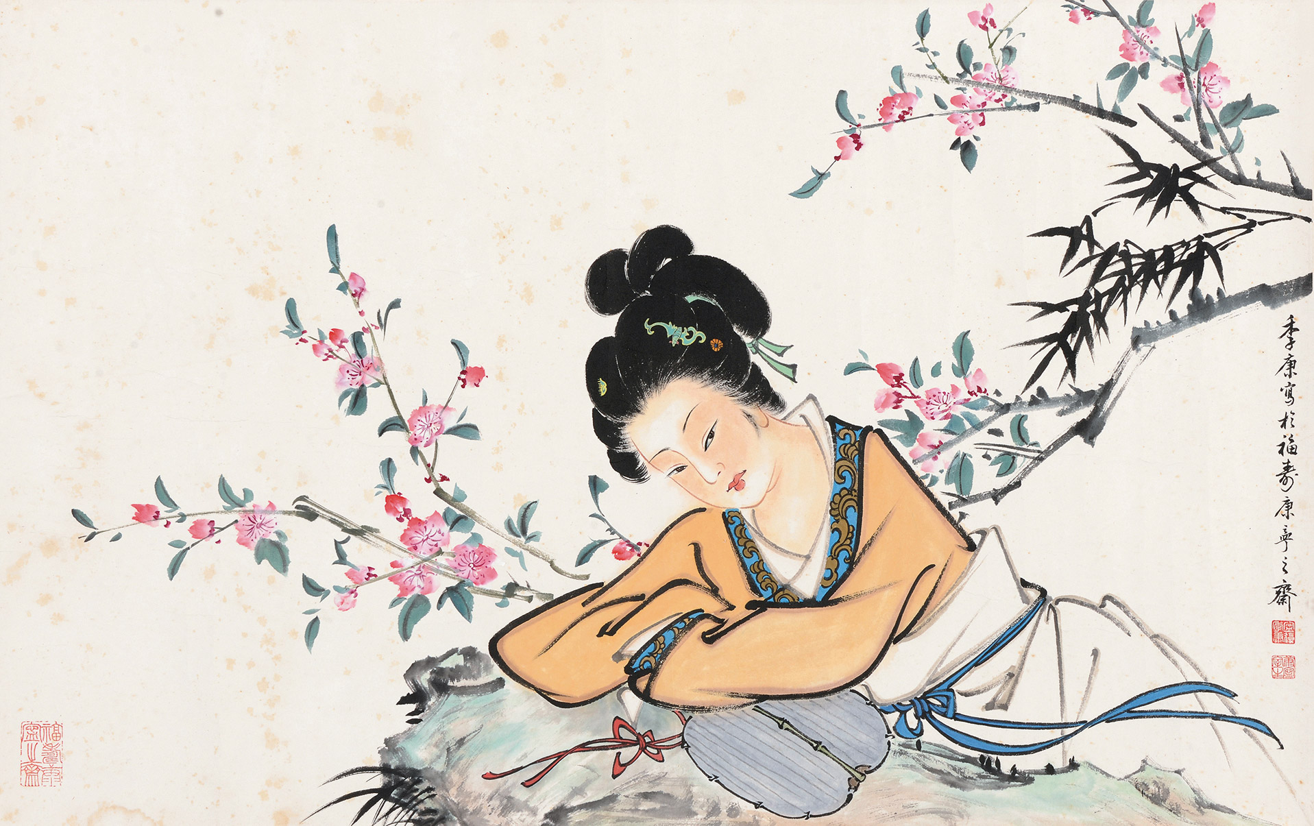 4146桃花仕女镜心设色纸本