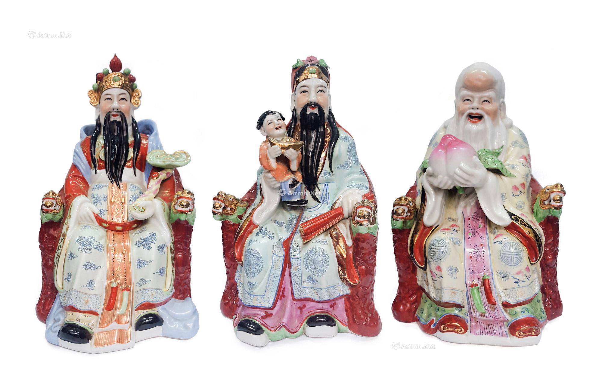 0391 70年代 粉彩福禄寿三星瓷塑