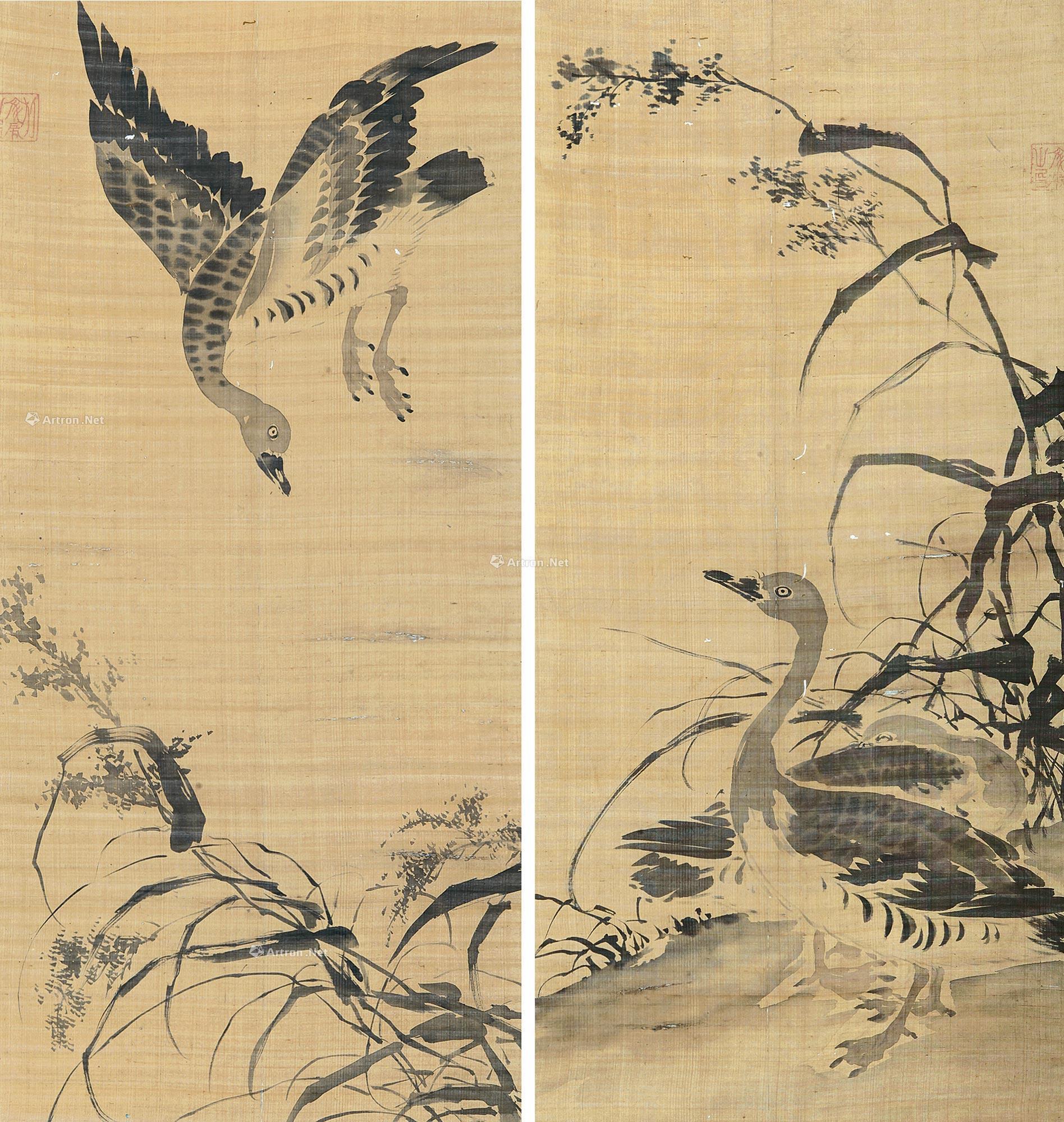0737芦雁二件二屏立轴水墨绢本