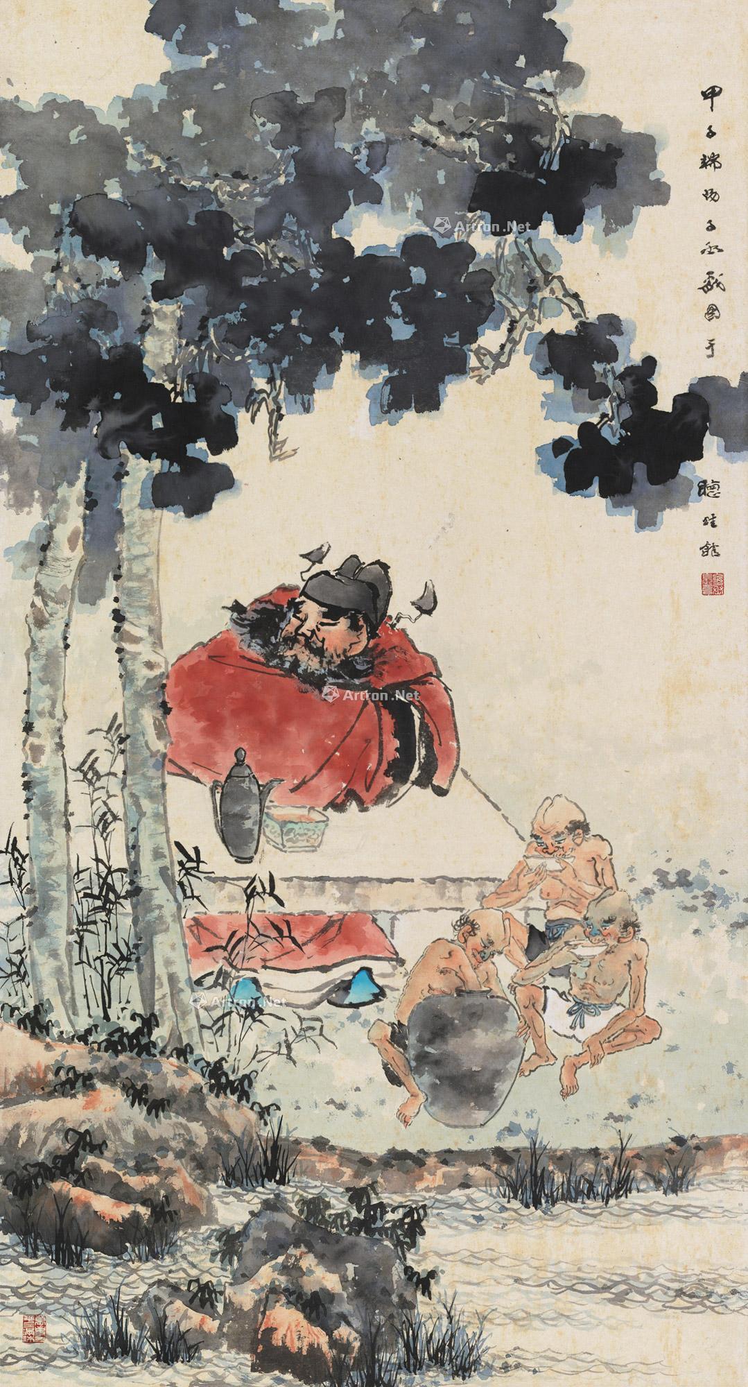 0466甲子1984年作钟馗醉酒立轴设色纸本