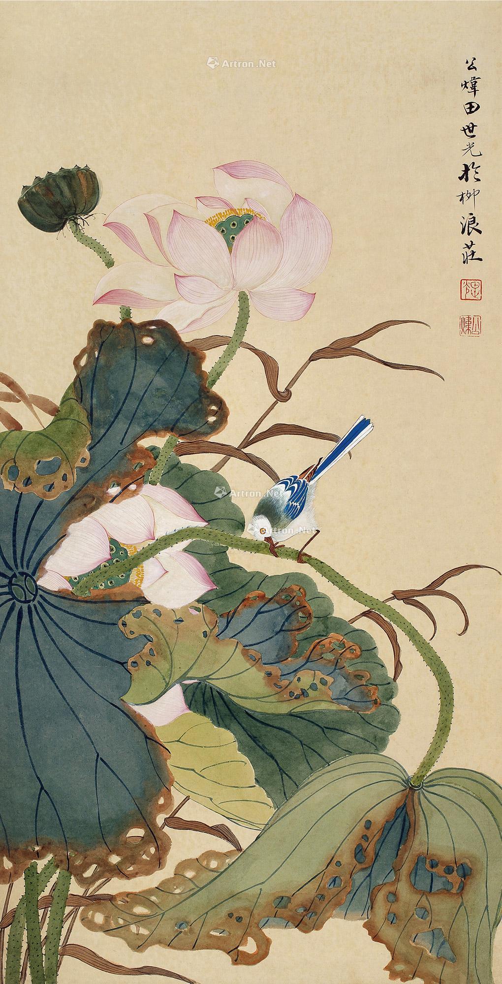 0717荷花翠鸟立轴设色纸本