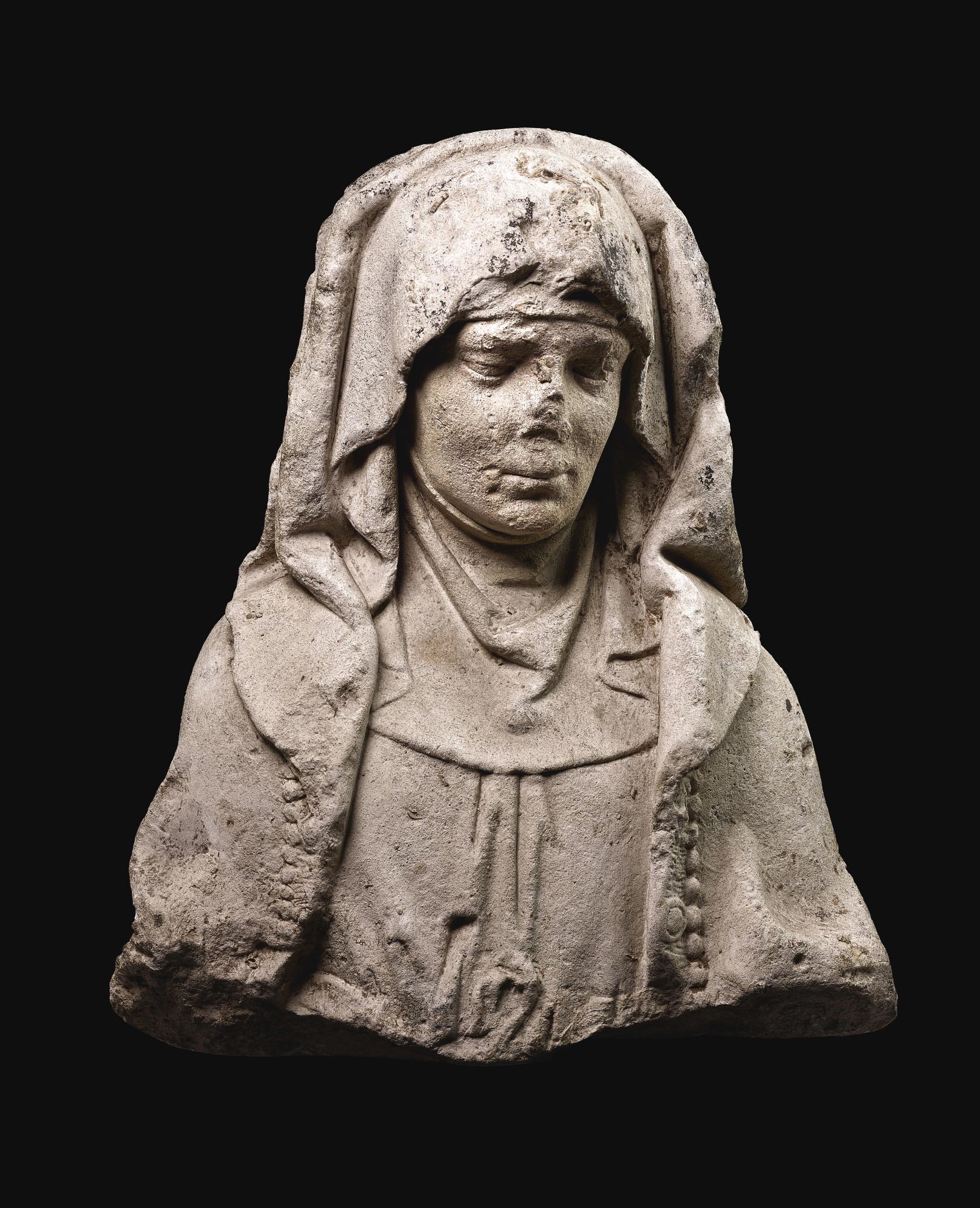 3075 十五世纪下半叶 法国布根地石灰石雕女圣人半身像