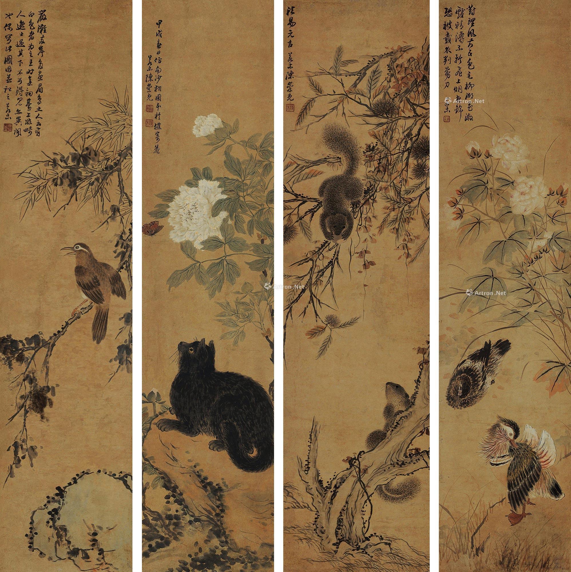 【花鸟走兽四屏 立轴 水墨绢本】拍卖品_图片_价格_鉴赏_绘画_雅昌