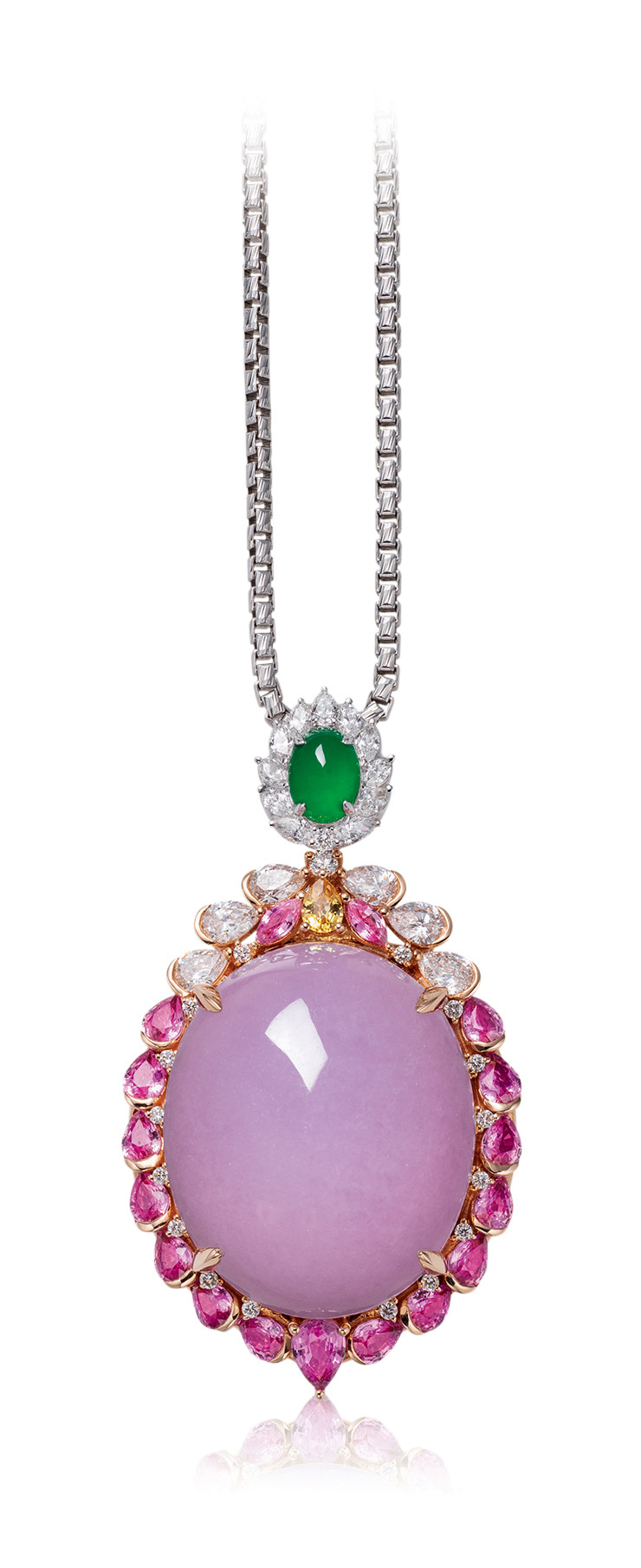 2152 缅甸天然紫罗兰翡翠配钻石及粉色刚玉挂坠项链