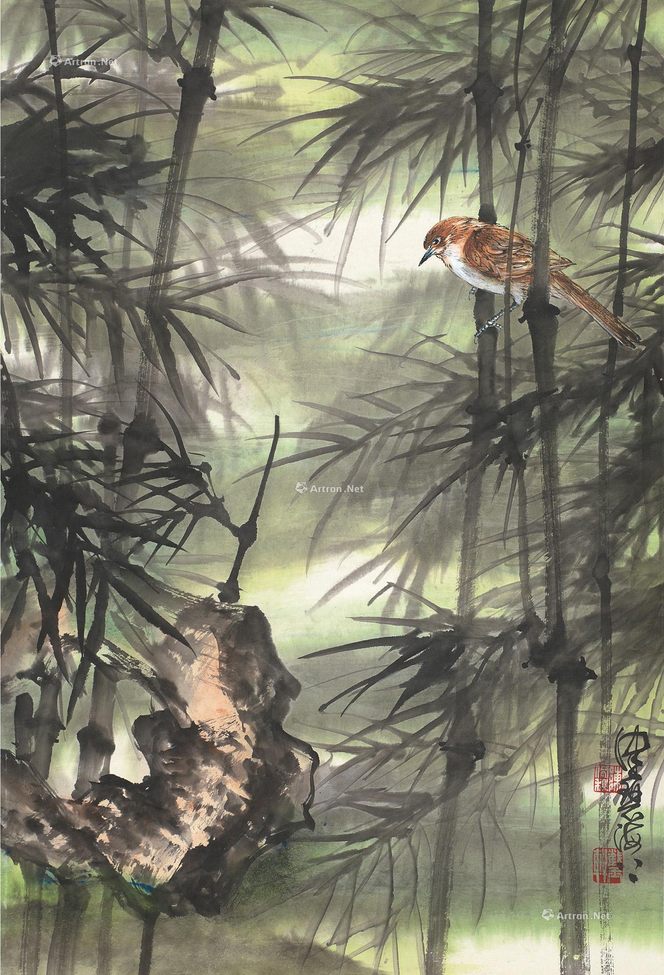 0276竹林禽声立轴纸本