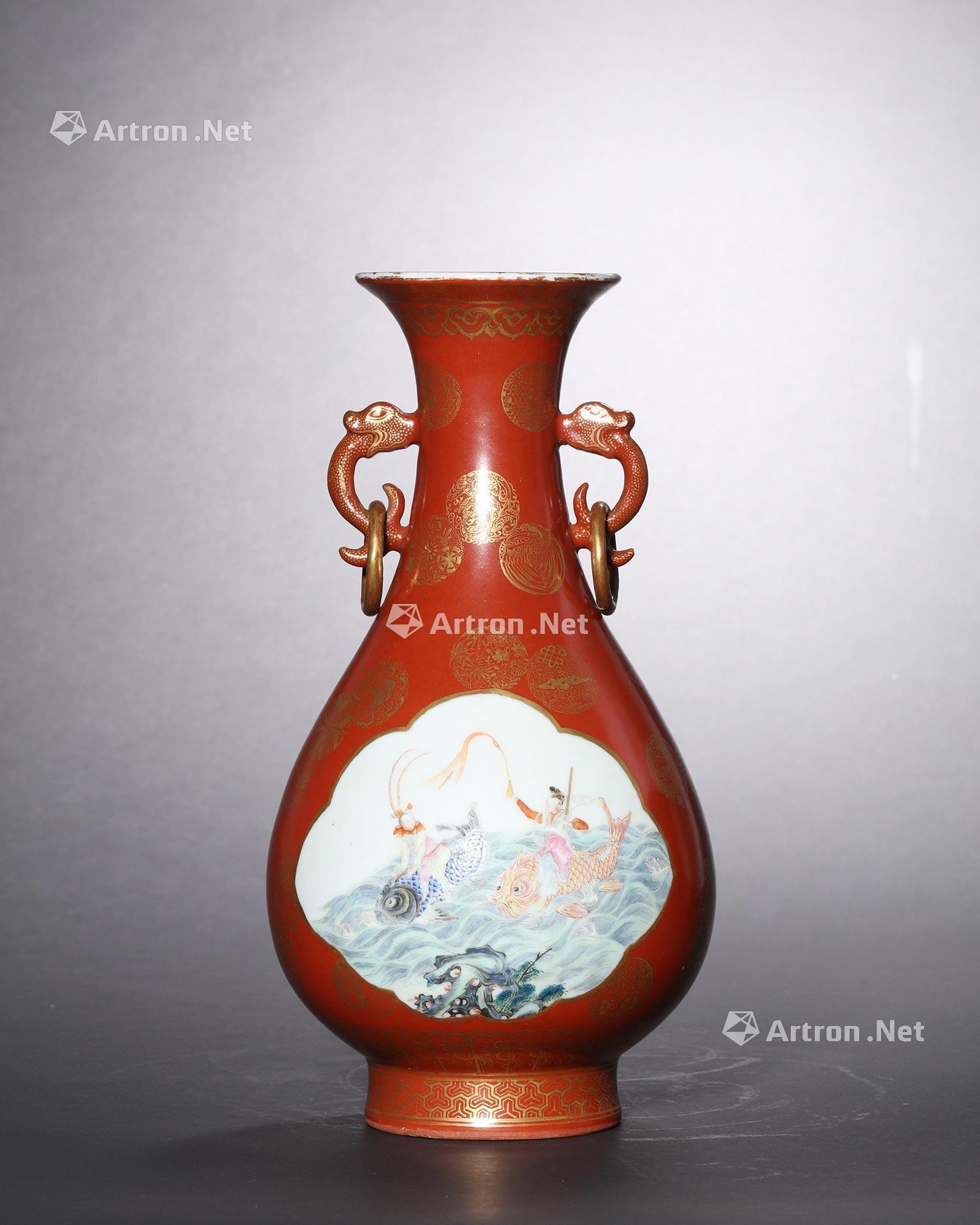 【100%新品大人気】◆中国古玩・雍正年製・辰砂釉・双耳・花入・花瓶・唐物・高さ29㌢◆a822 清