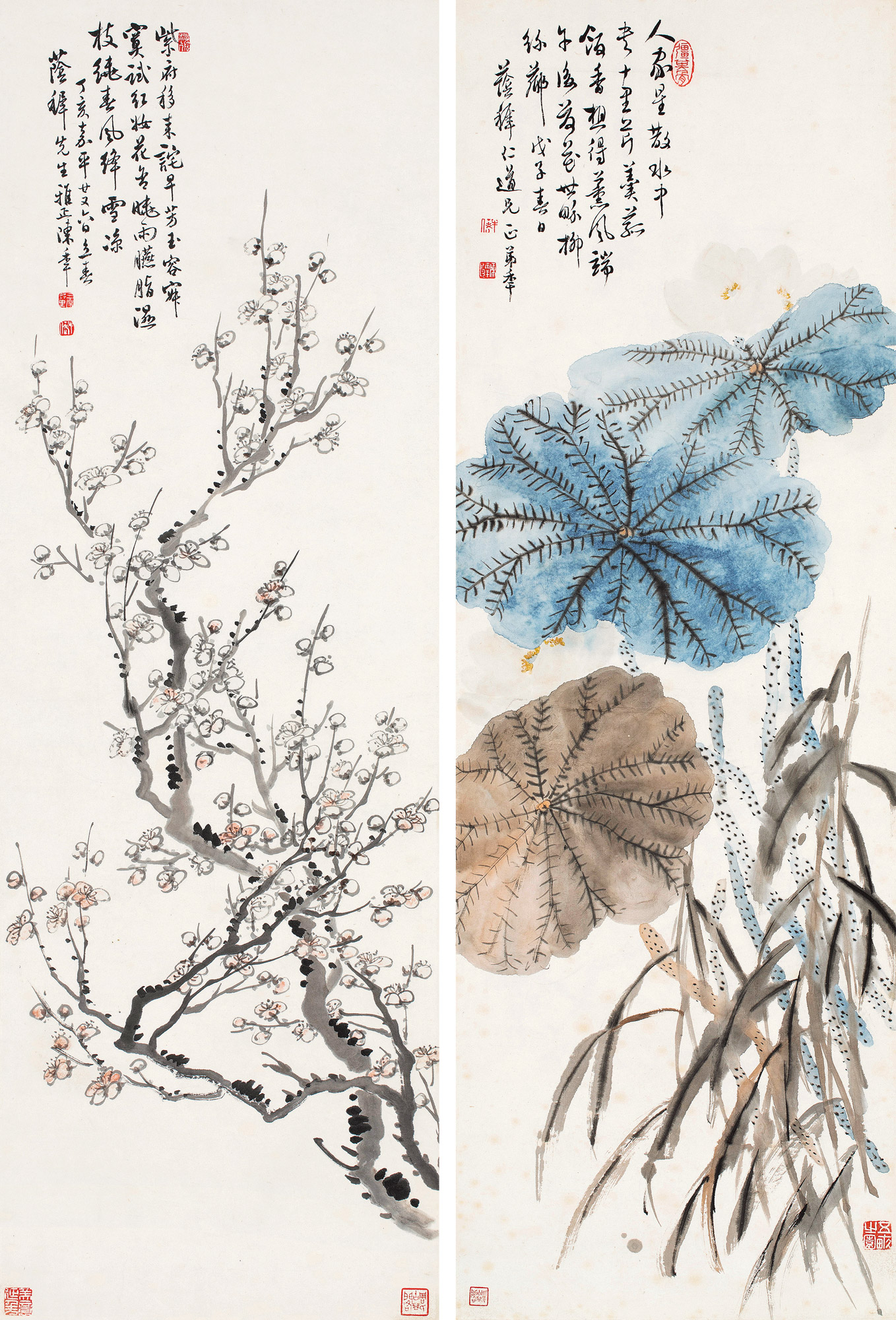 0284丁亥1947年作戊子1948年作梅花荷花镜心设色纸本
