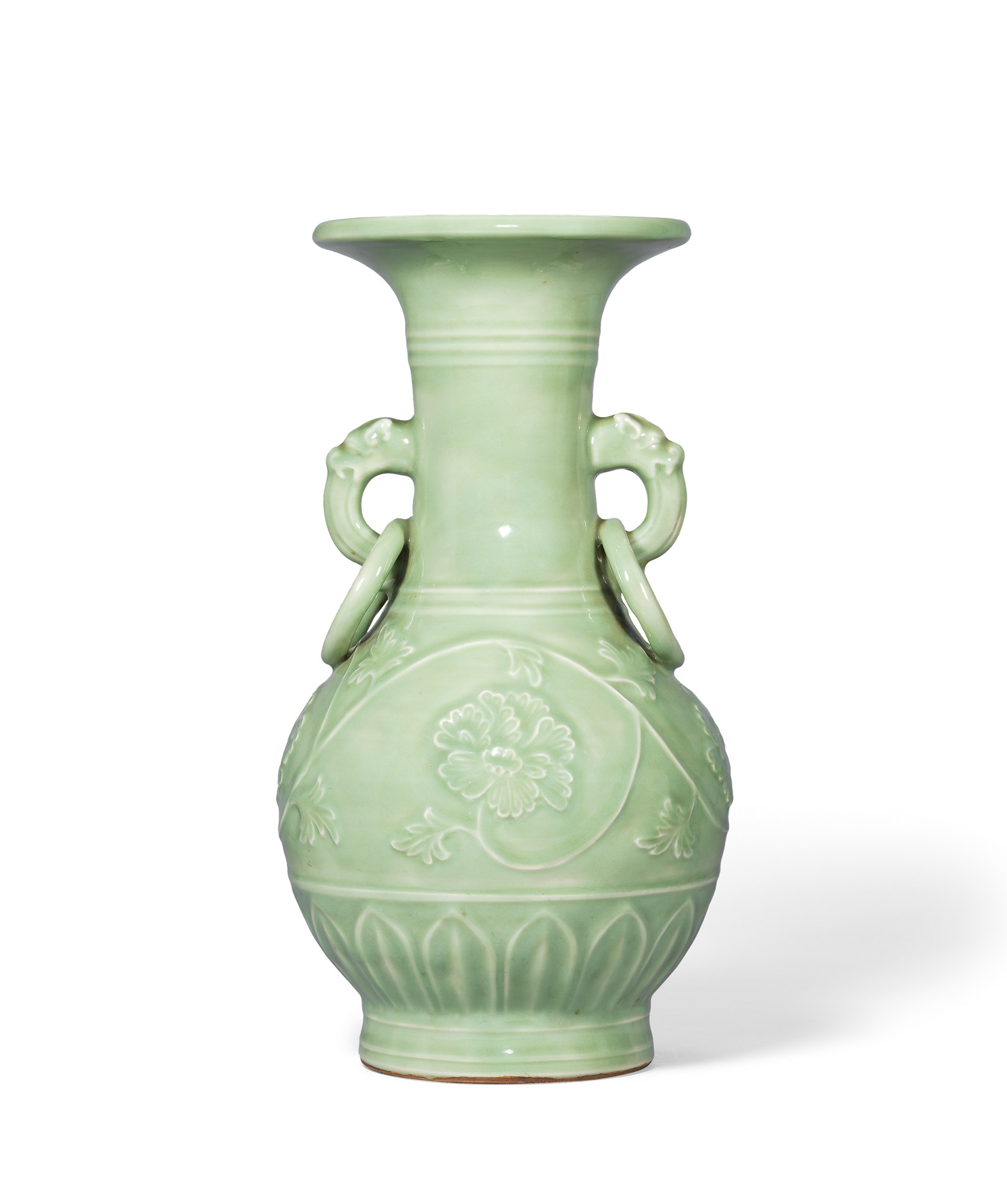 0351元龙泉窑青釉双环耳模印牡丹纹瓶