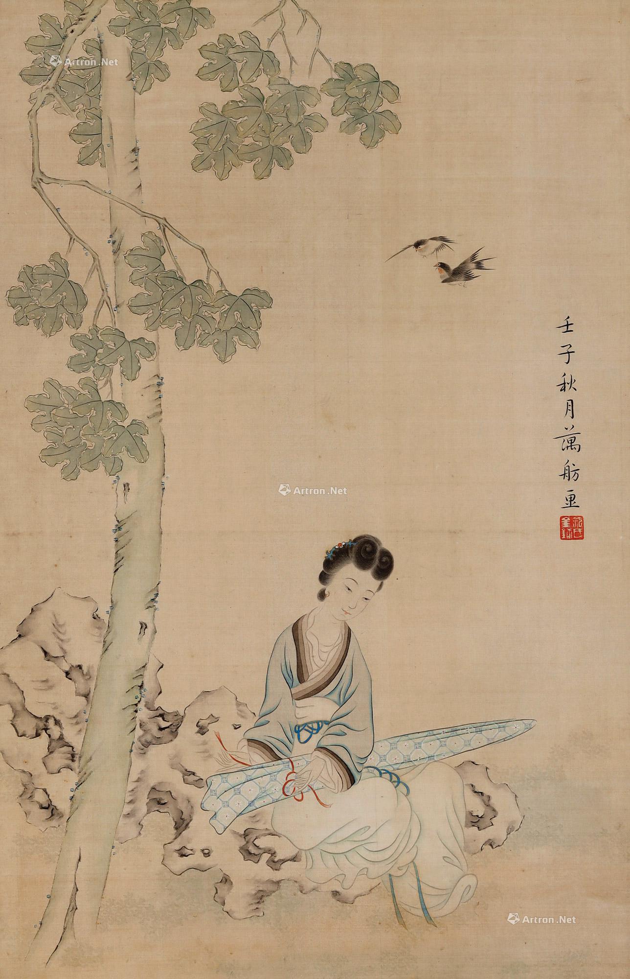 0194仕女抚琴图镜框设色绢本