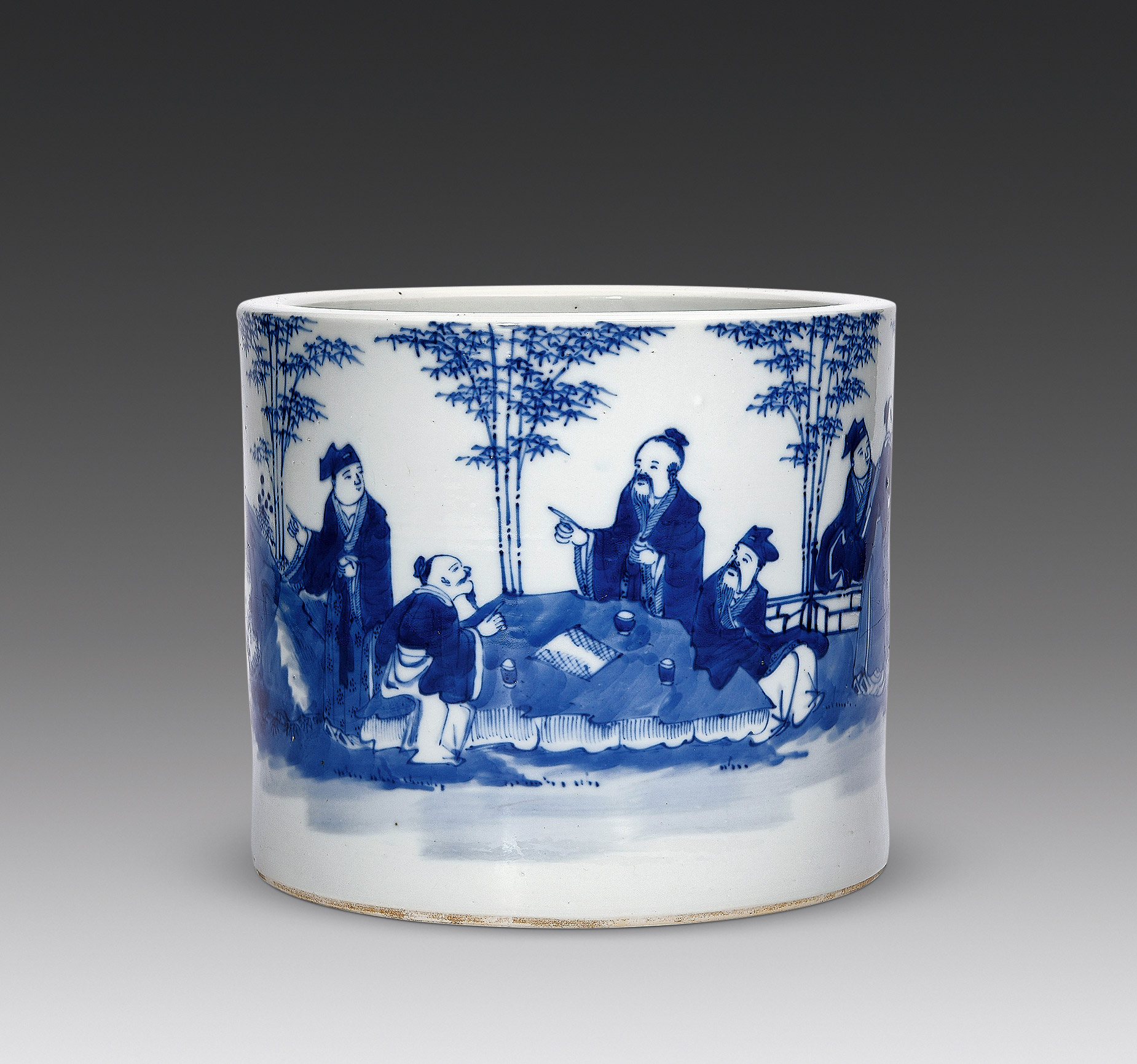 青花竹林七贤图大笔筒】拍卖品_图片_价格_鉴赏_清代青花瓷器_雅昌