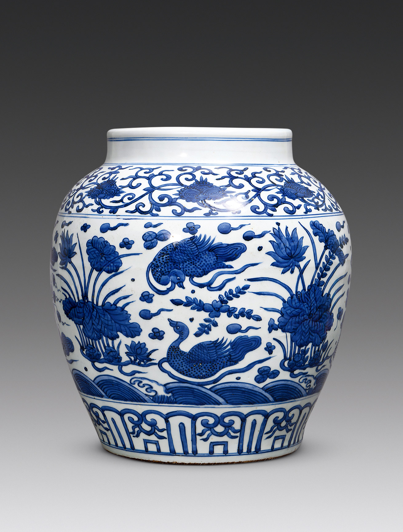 5256明青花荷塘鸳鸯图大罐