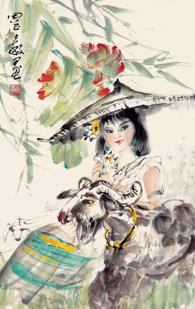 0501少女与羊立轴设色纸本