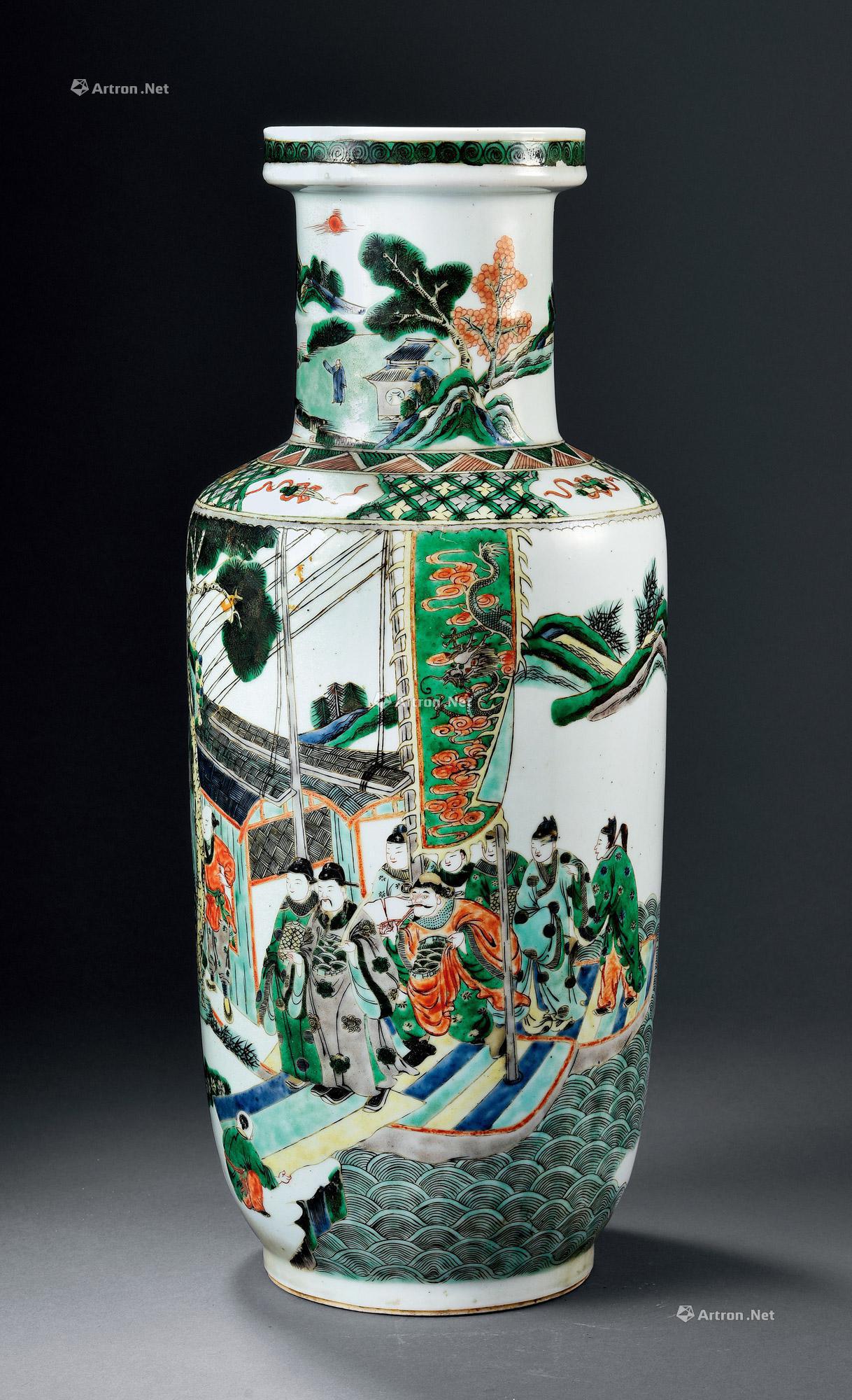 1608清康熙五彩人物棒槌瓶