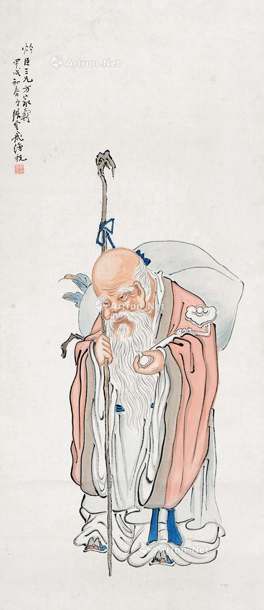 0116南极仙翁黄灼臣上款挂轴设色纸本