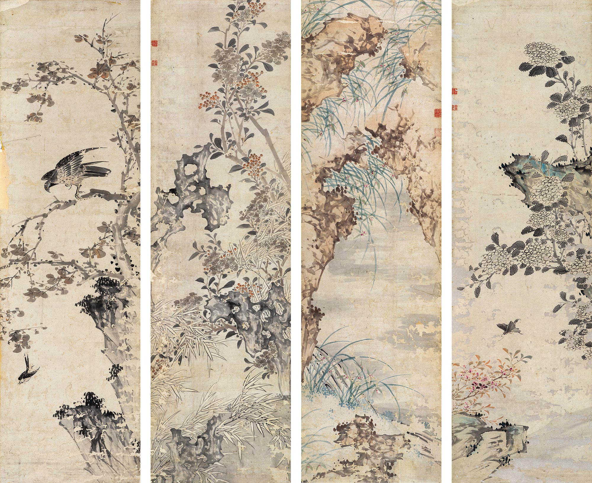 【花鸟画四屏 立轴 设色纸本】拍卖品_图片_价格_鉴赏_绘画_雅昌艺术品拍卖网