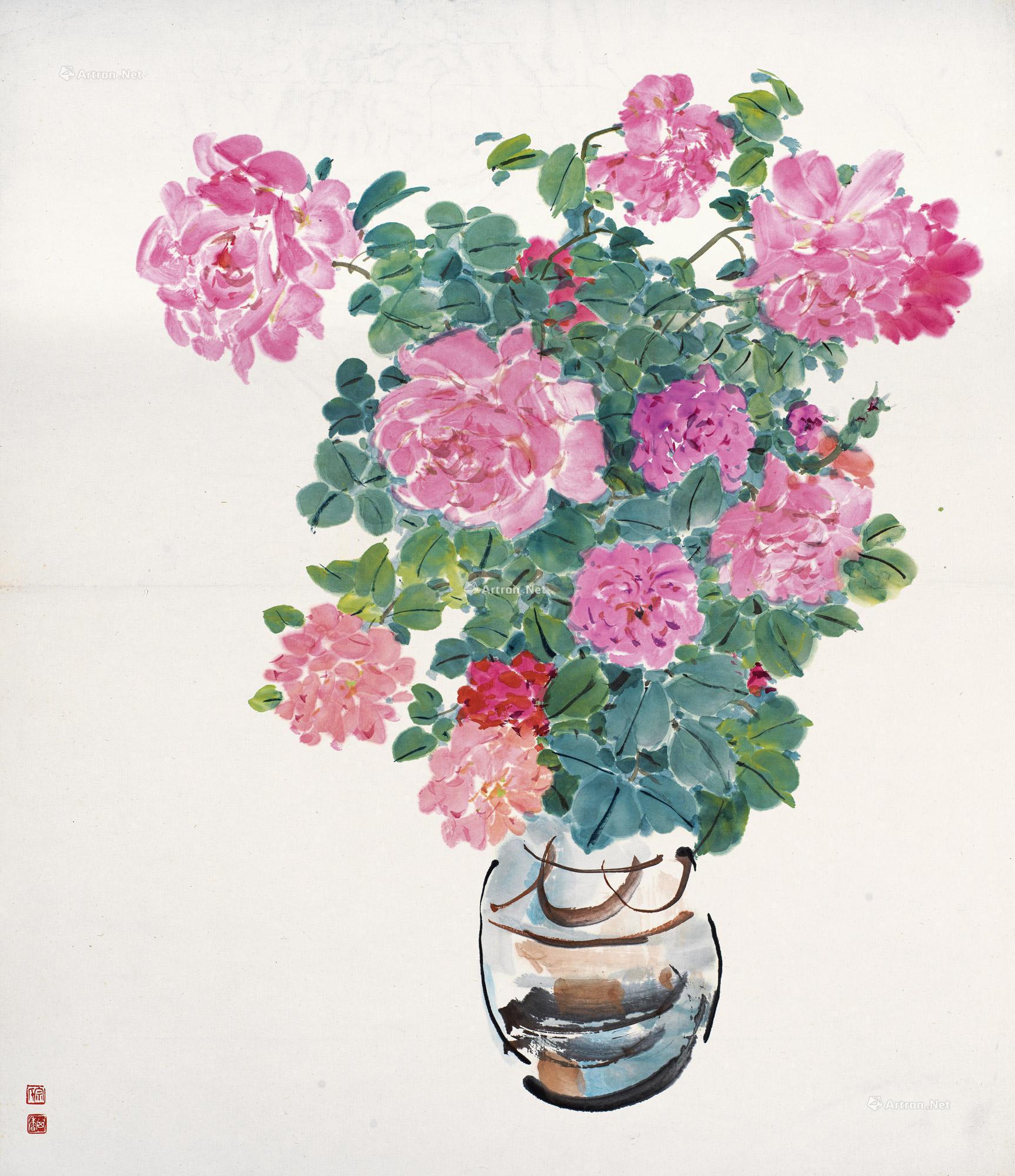 【1980年代作 月季花开 纸本彩墨】拍卖品_图片_价
