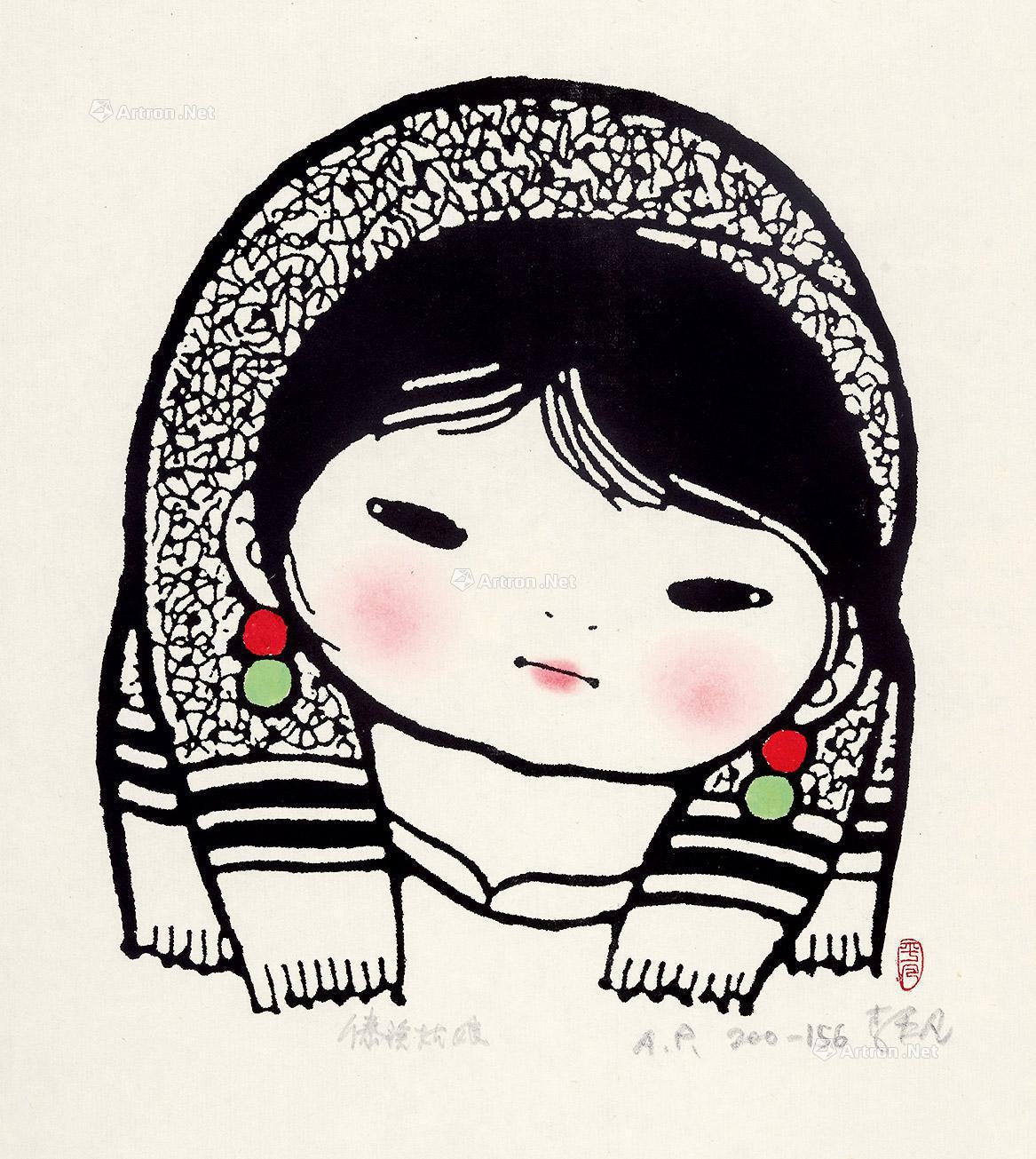 0150傣族姑娘套色木刻版画