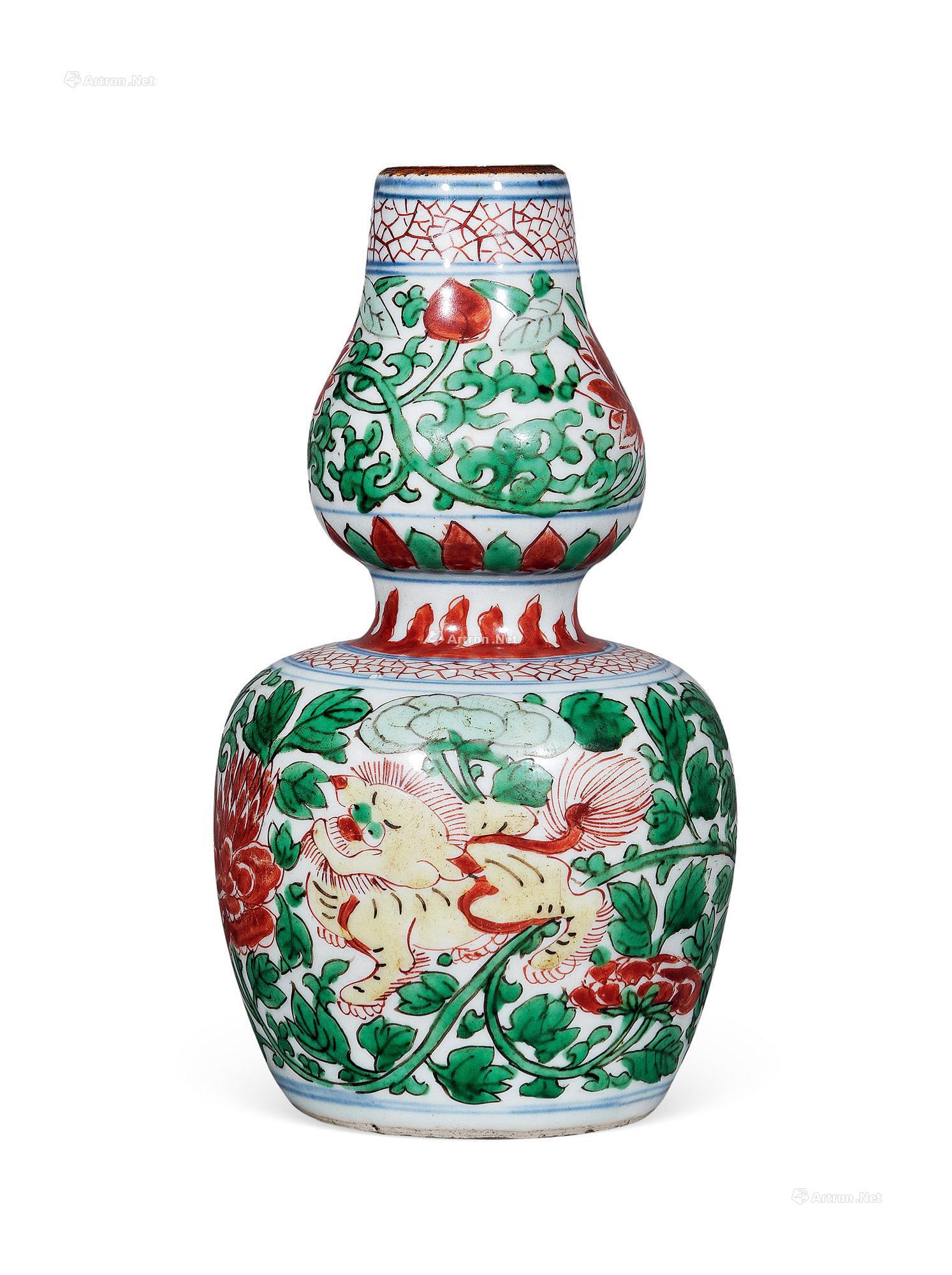 0167清顺治青花五彩瑞兽纹葫芦瓶