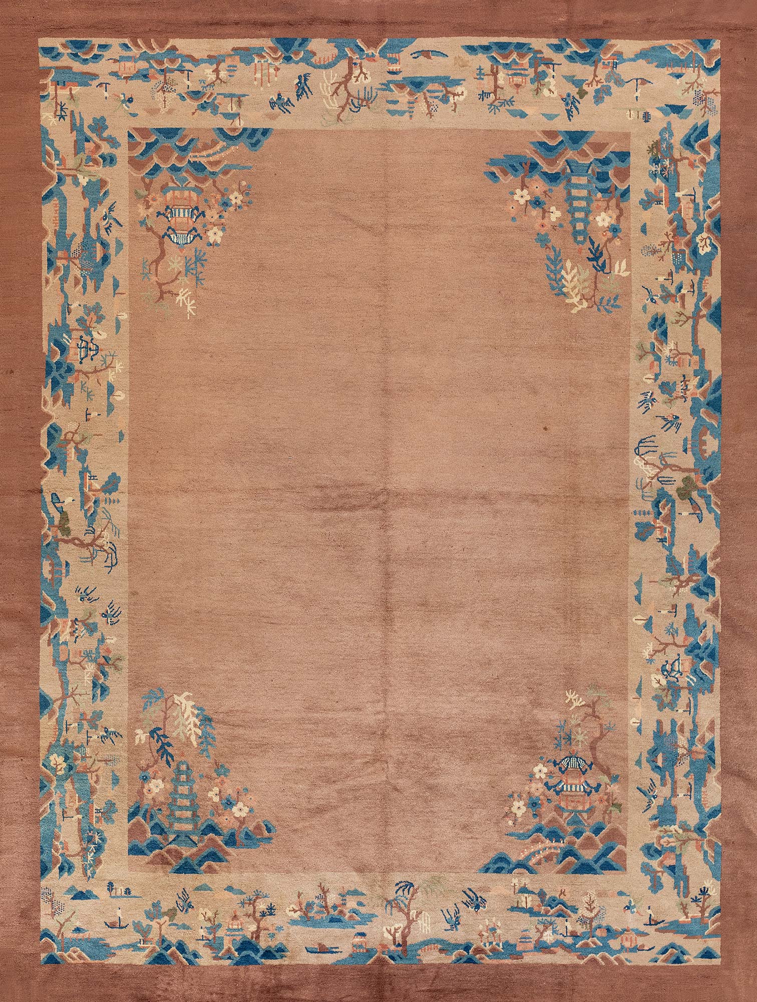 5226清晚期桃红地山水纹栽绒地毯