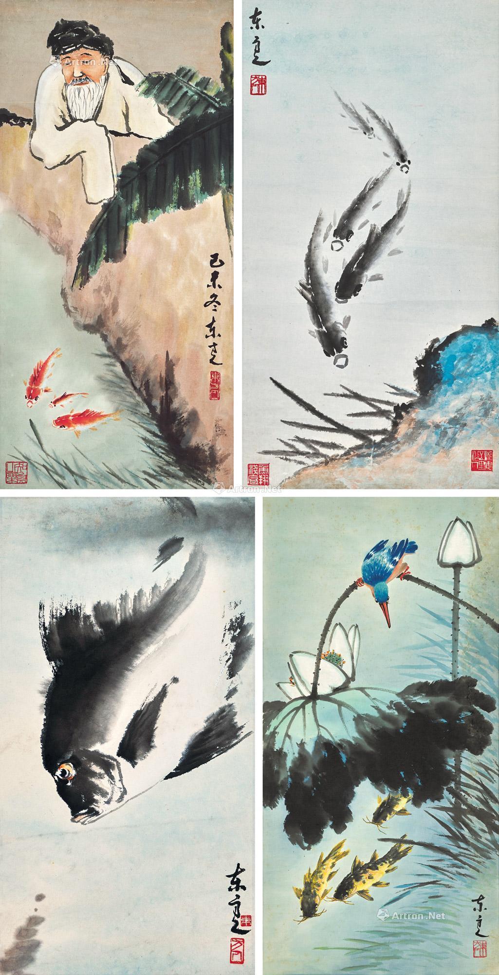 0124己未1979年作赏鱼图五鱼图独乐图荷塘翠鸟镜心设色纸本