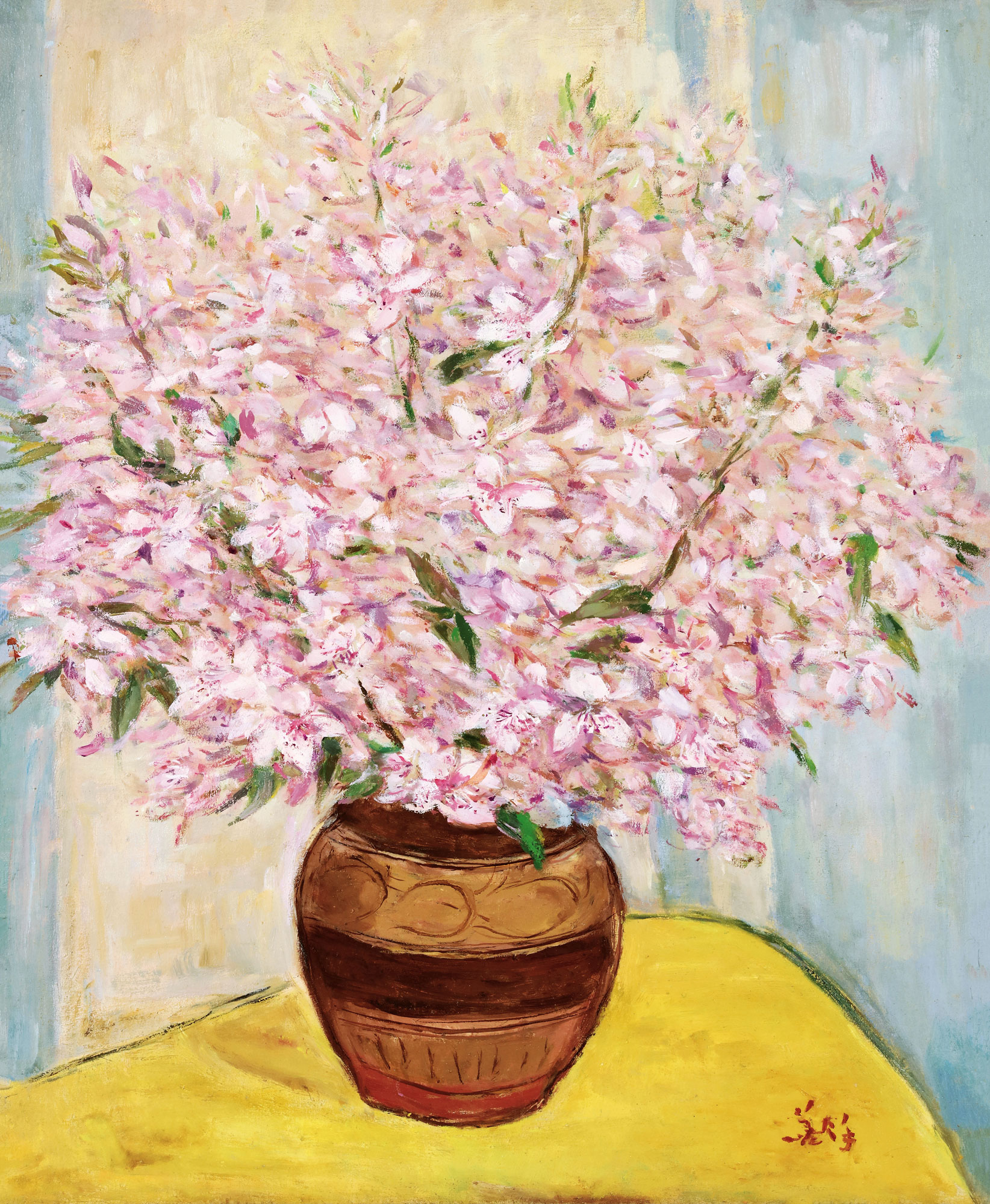 2882紫杜鹃花布面油画裱于木板
