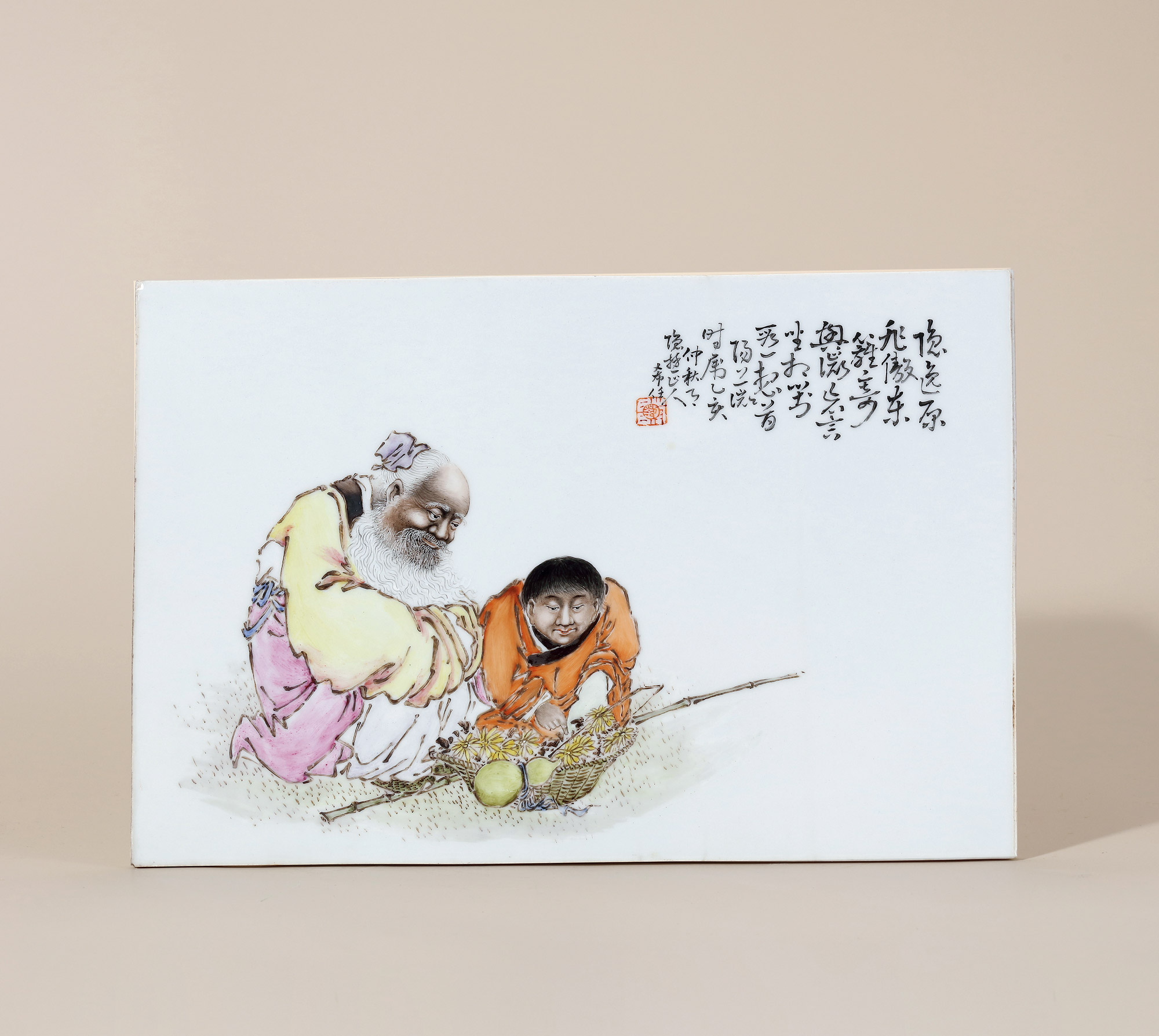 5344民国刘希任粉彩渊明爱菊瓷板