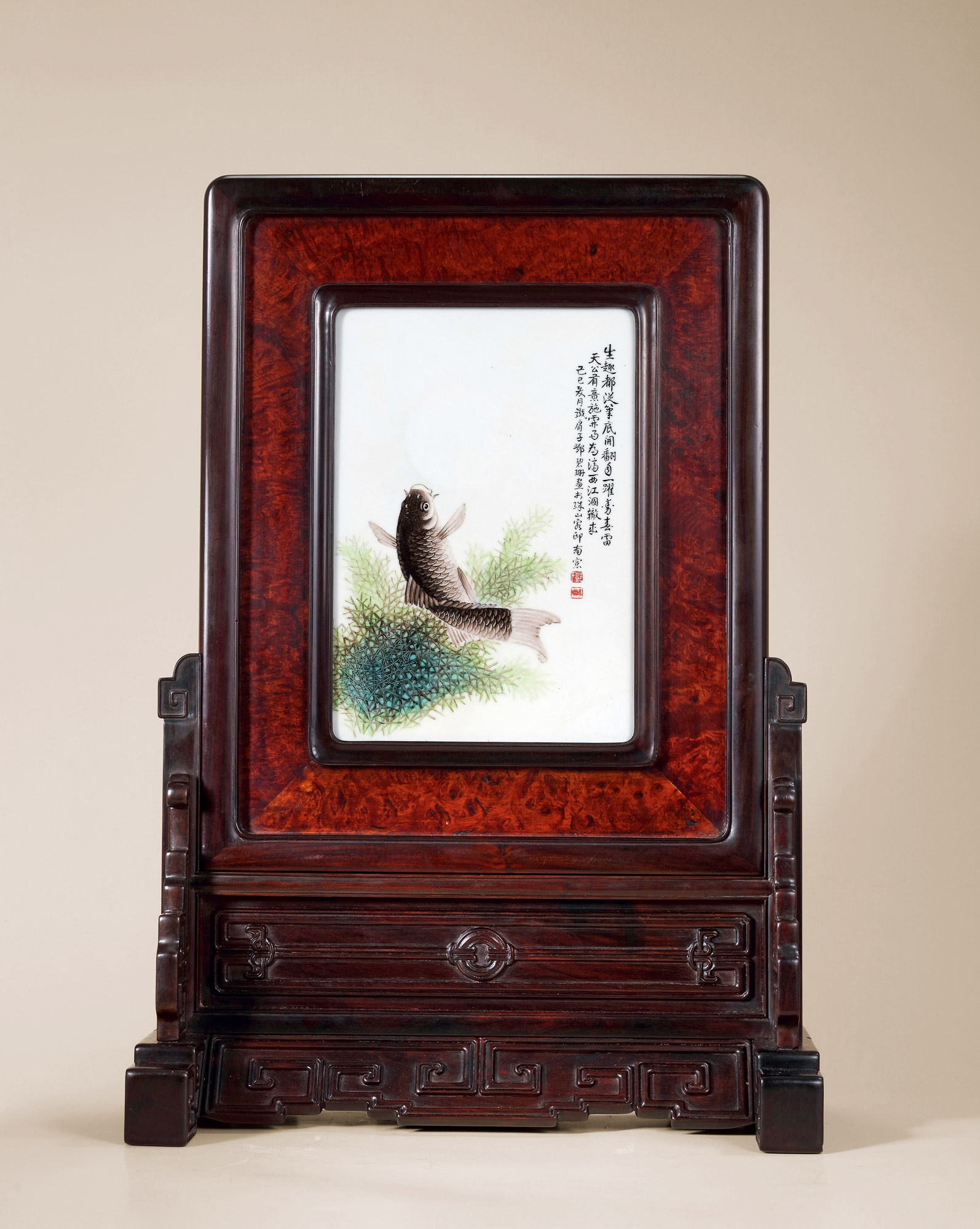 【民国 邓碧珊 粉彩鱼跃龙门插屏】拍卖品_图片_价格