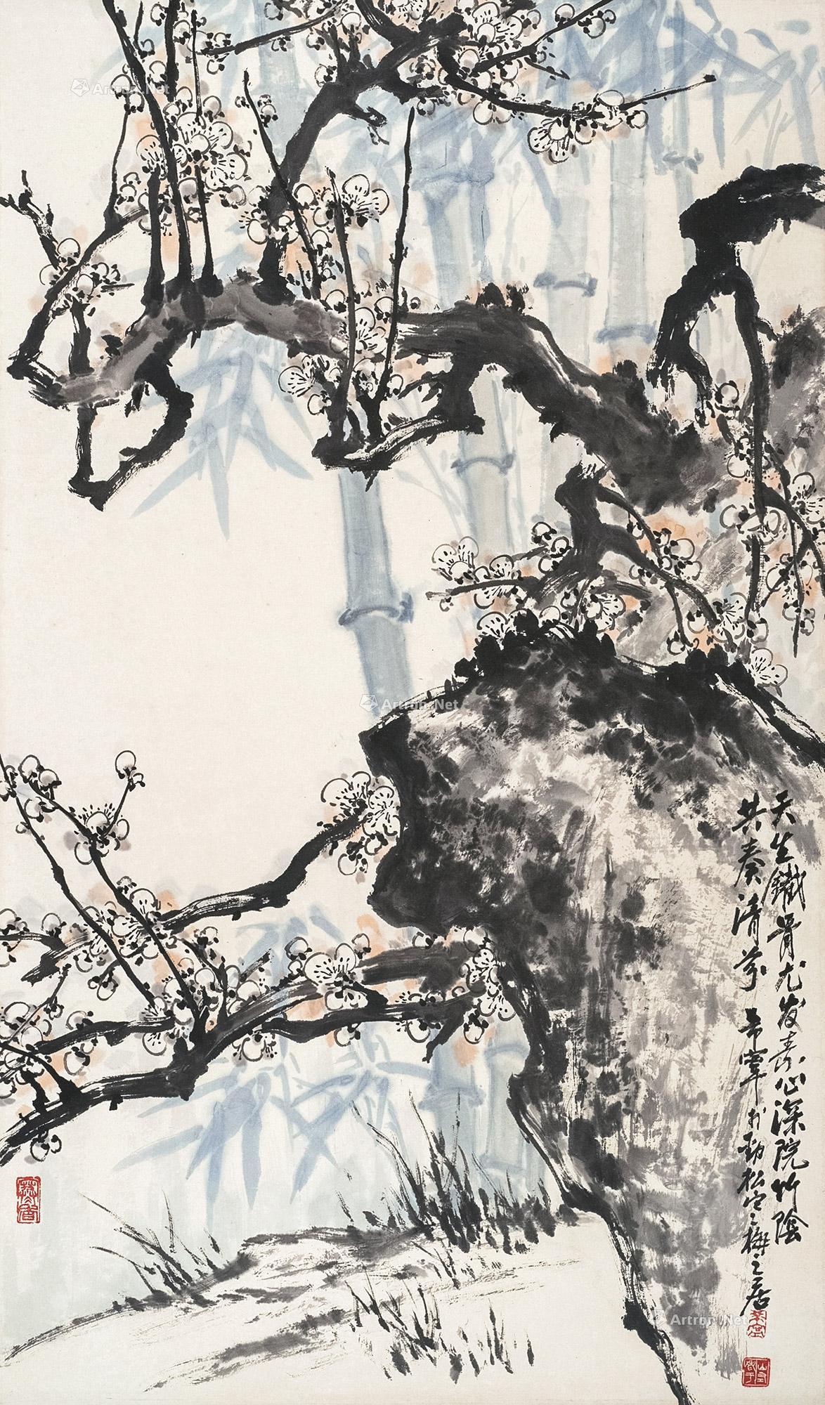 0458双清图立轴设色纸本