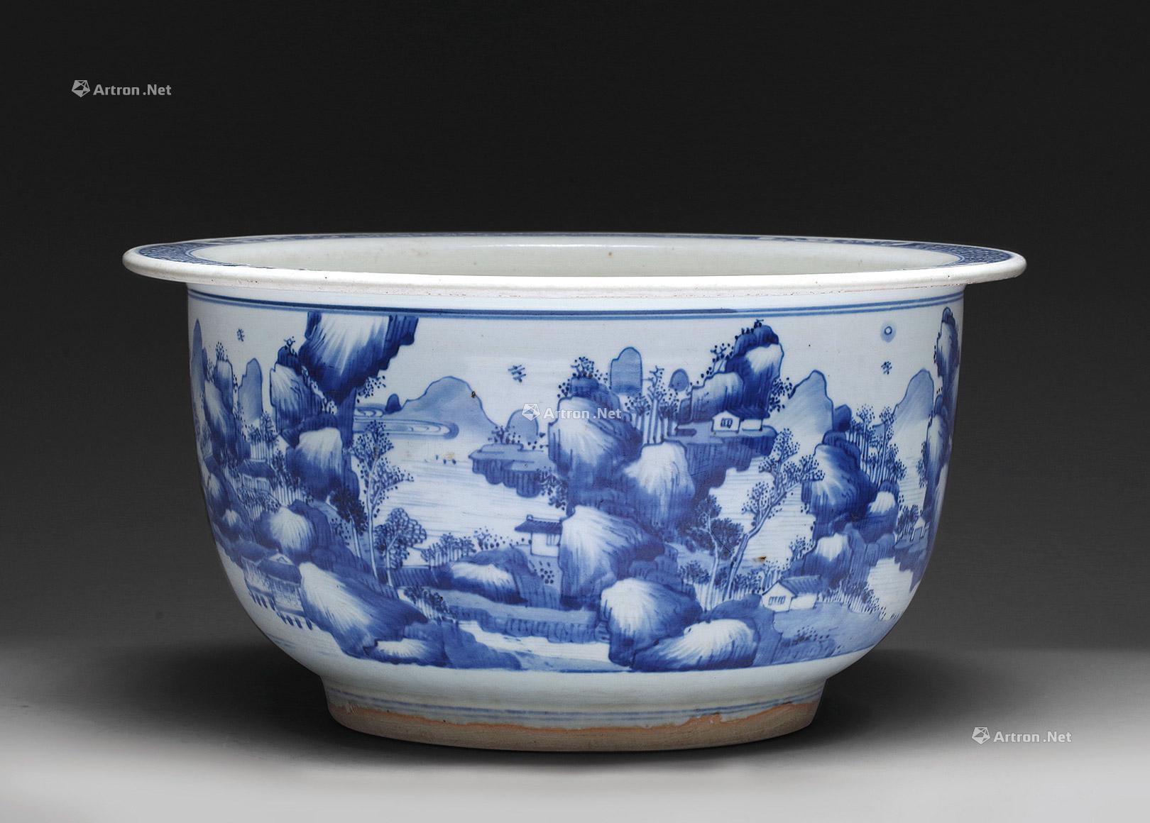 【清康熙 青花山水人物花盆】拍卖品_图片_价格_鉴赏_清代青花瓷器