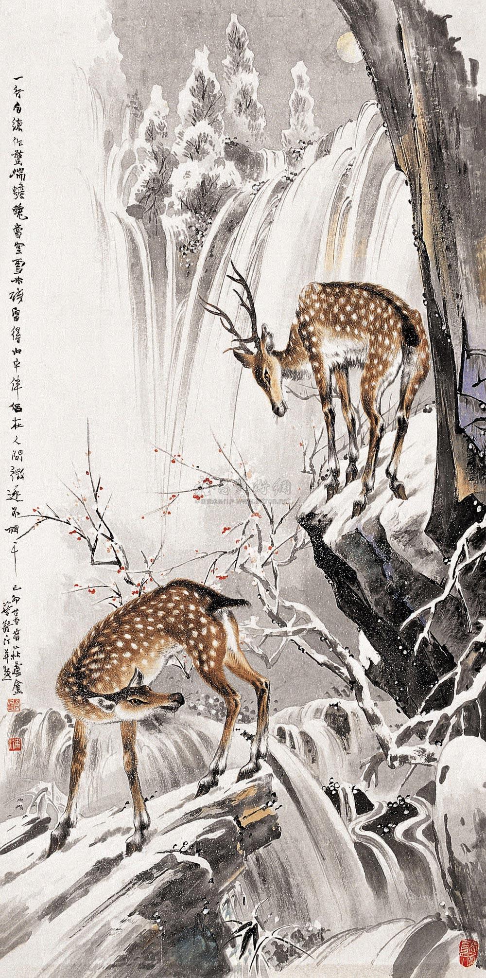 0452己卯1939年作双鹿立轴纸本设色