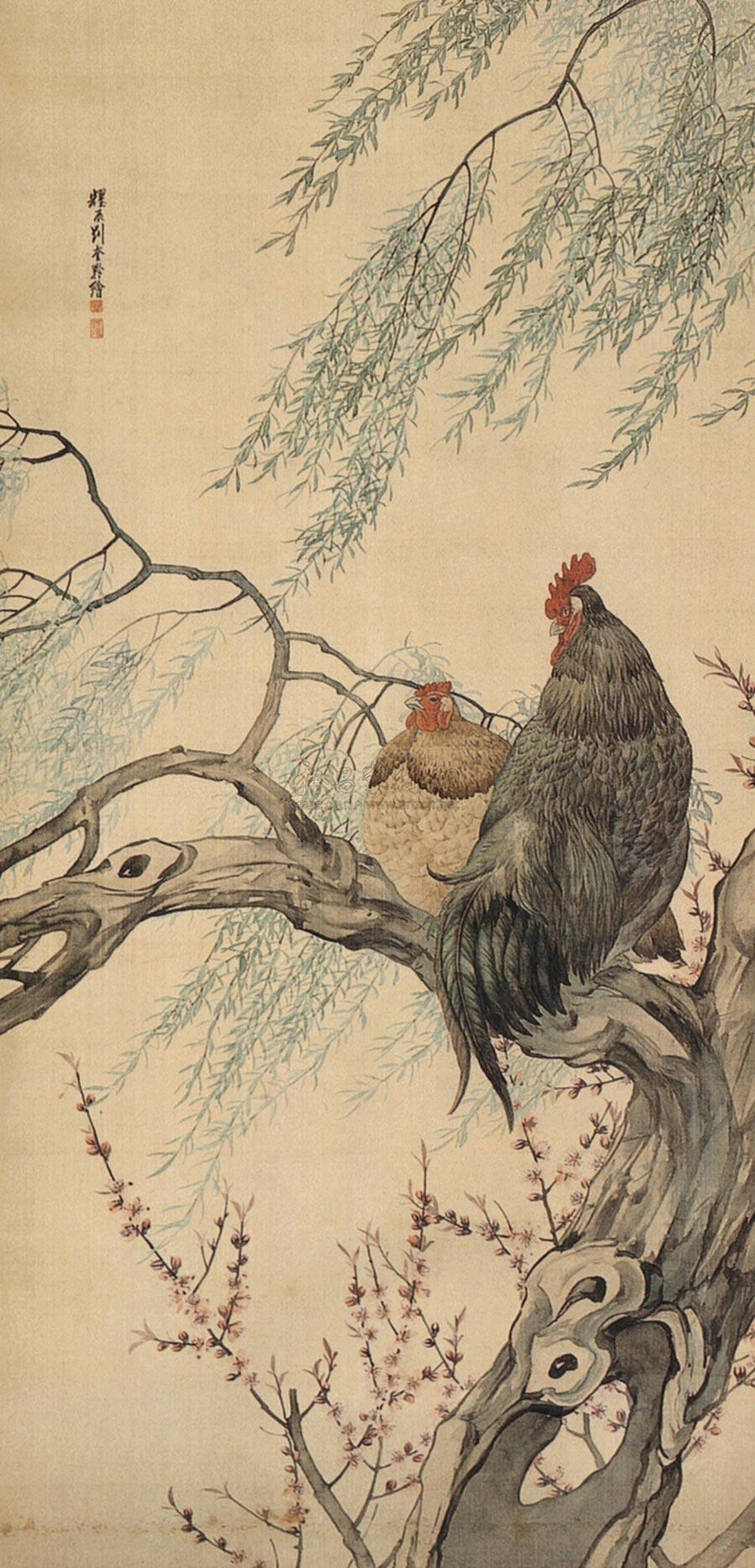 0327柳树双鸡立轴设色绢本